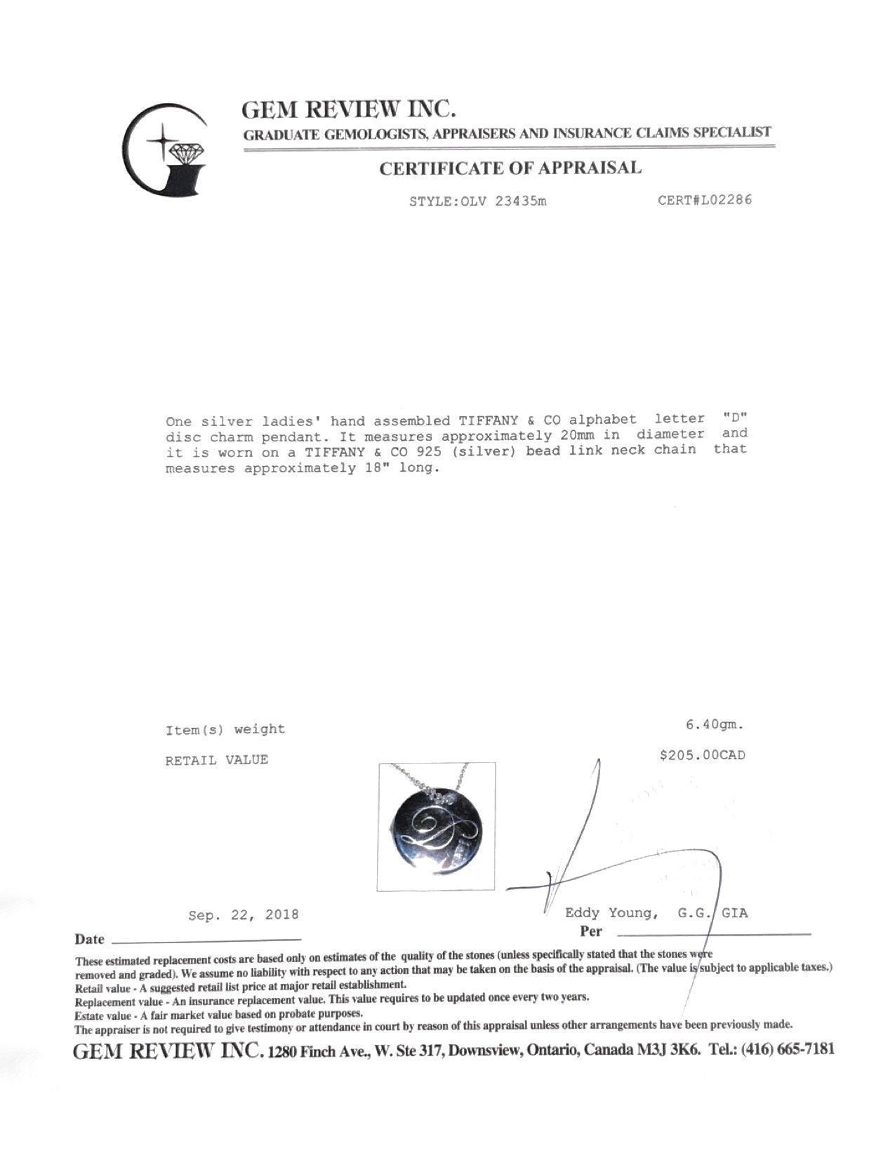 Tiffany & Co. Notes Letter 'D' Disc Charm Pendant Necklace