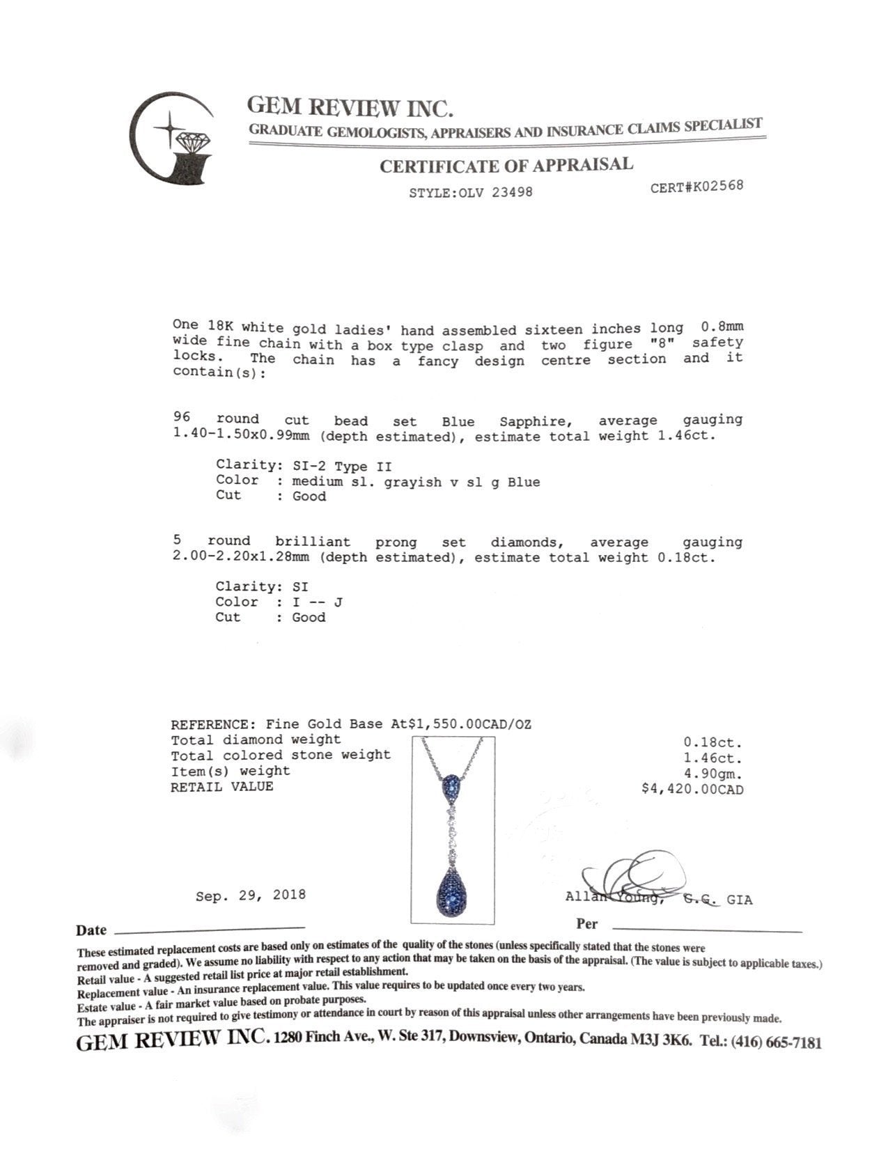 Blue Sapphire and Diamond Drop Pendant Necklace