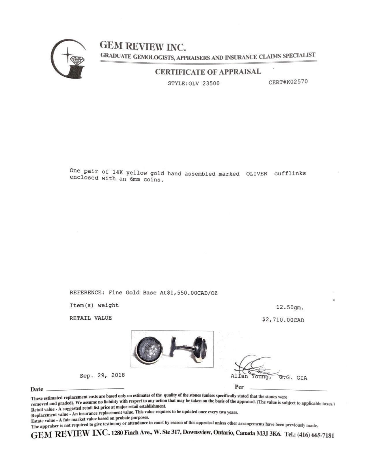 Oliver Estate Coin Cufflinks