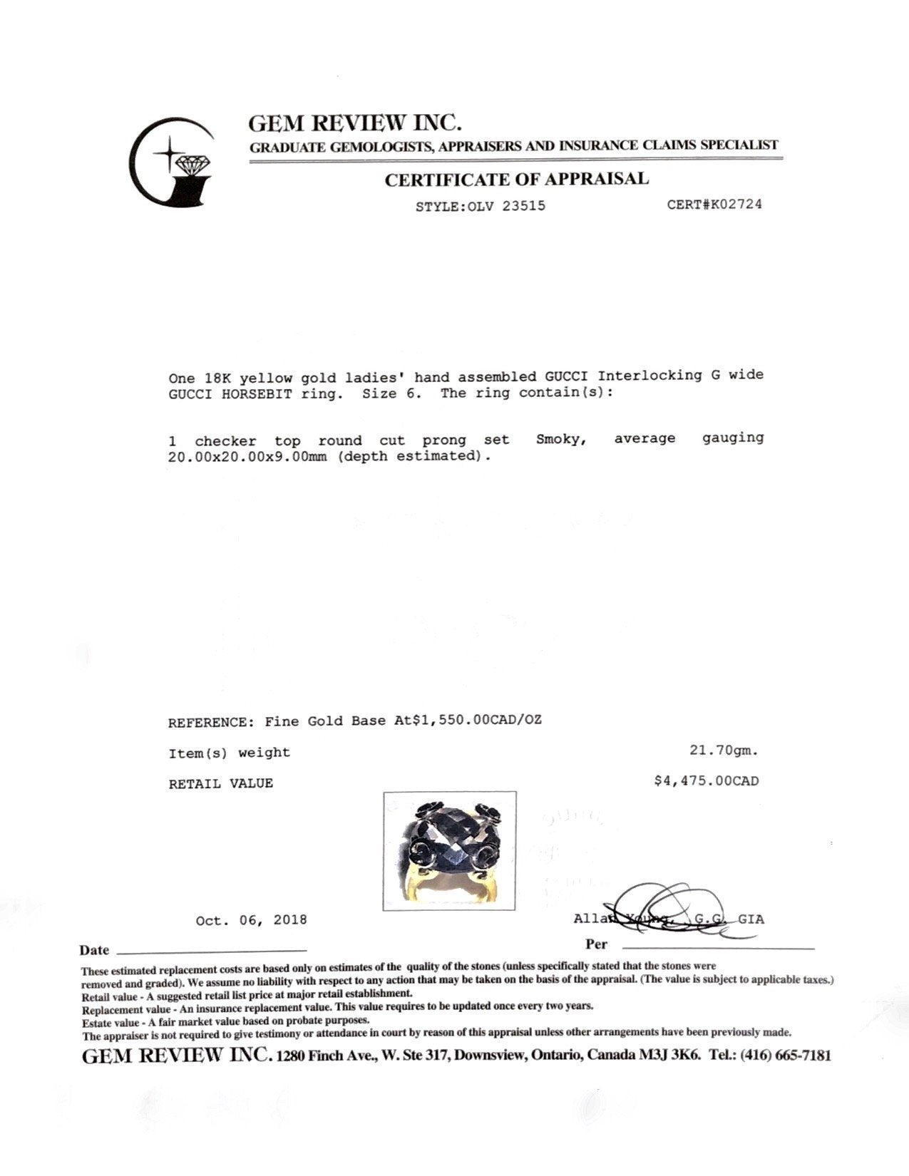 Gucci Smoky Quartz Horsebit Cocktail Ring