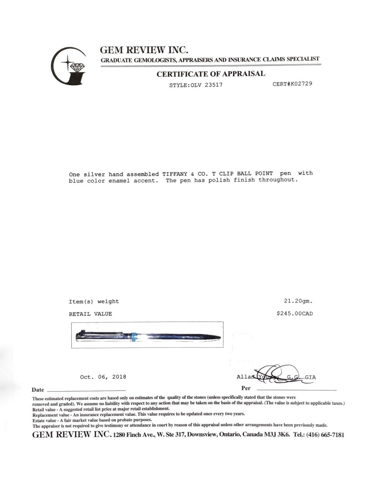 Tiffany & Co. Sterling Silver T-Clip Ballpoint Pen