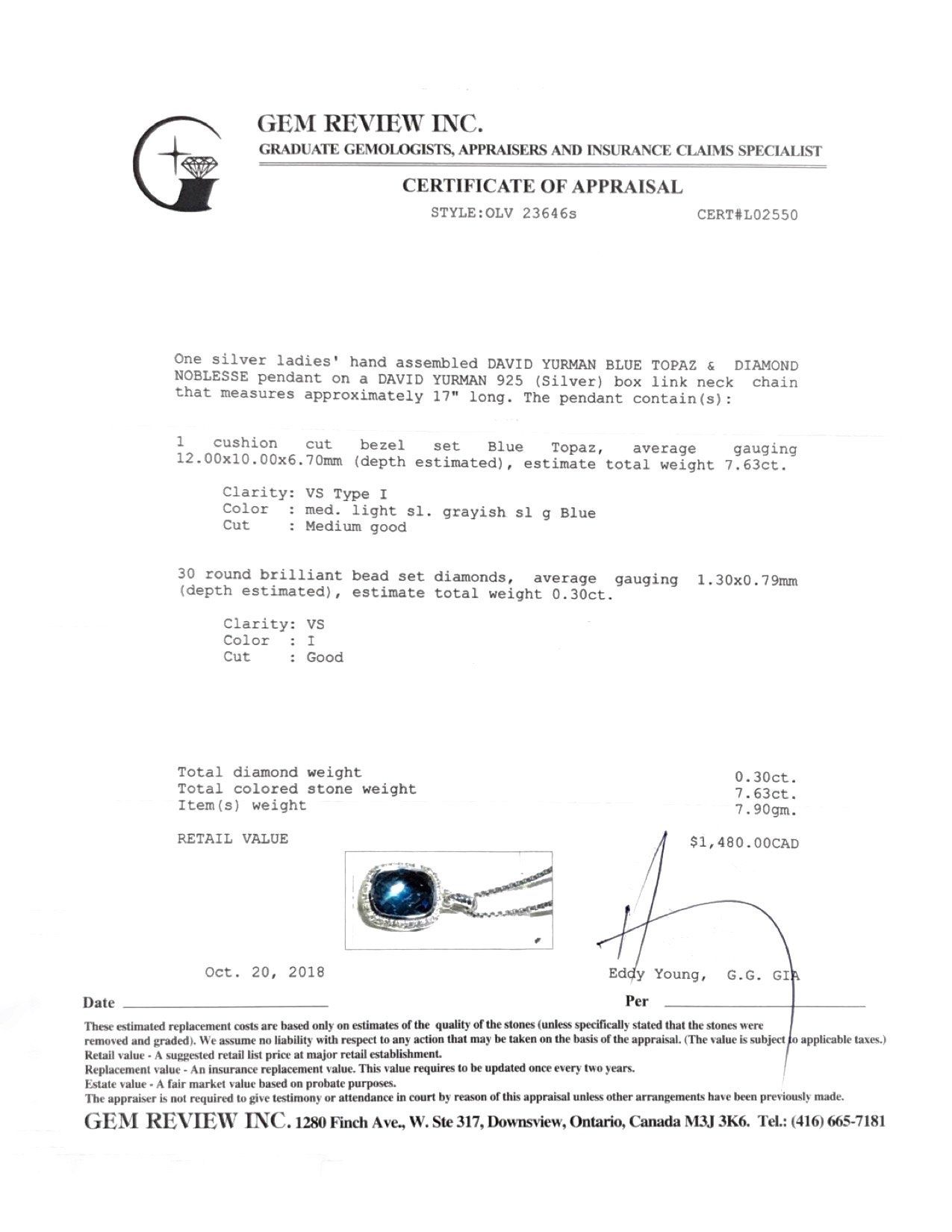 David Yurman Blue Topaz and Diamond Noblesse Pendant Necklace