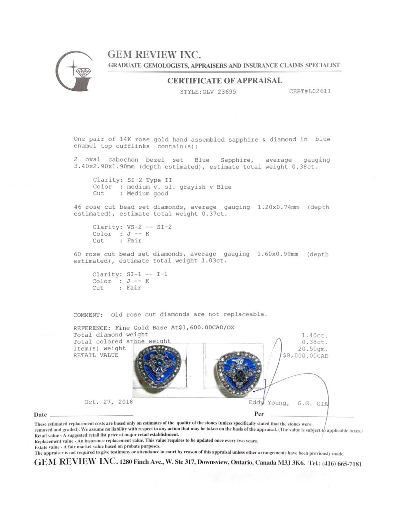 Antique Sapphire & Diamond Blue Enamel Cufflinks