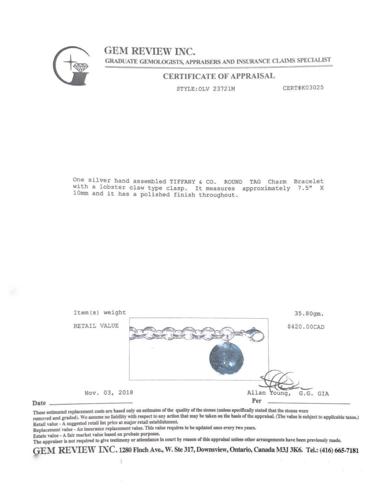 Tiffany & Co. Round Tag Charm Bracelet