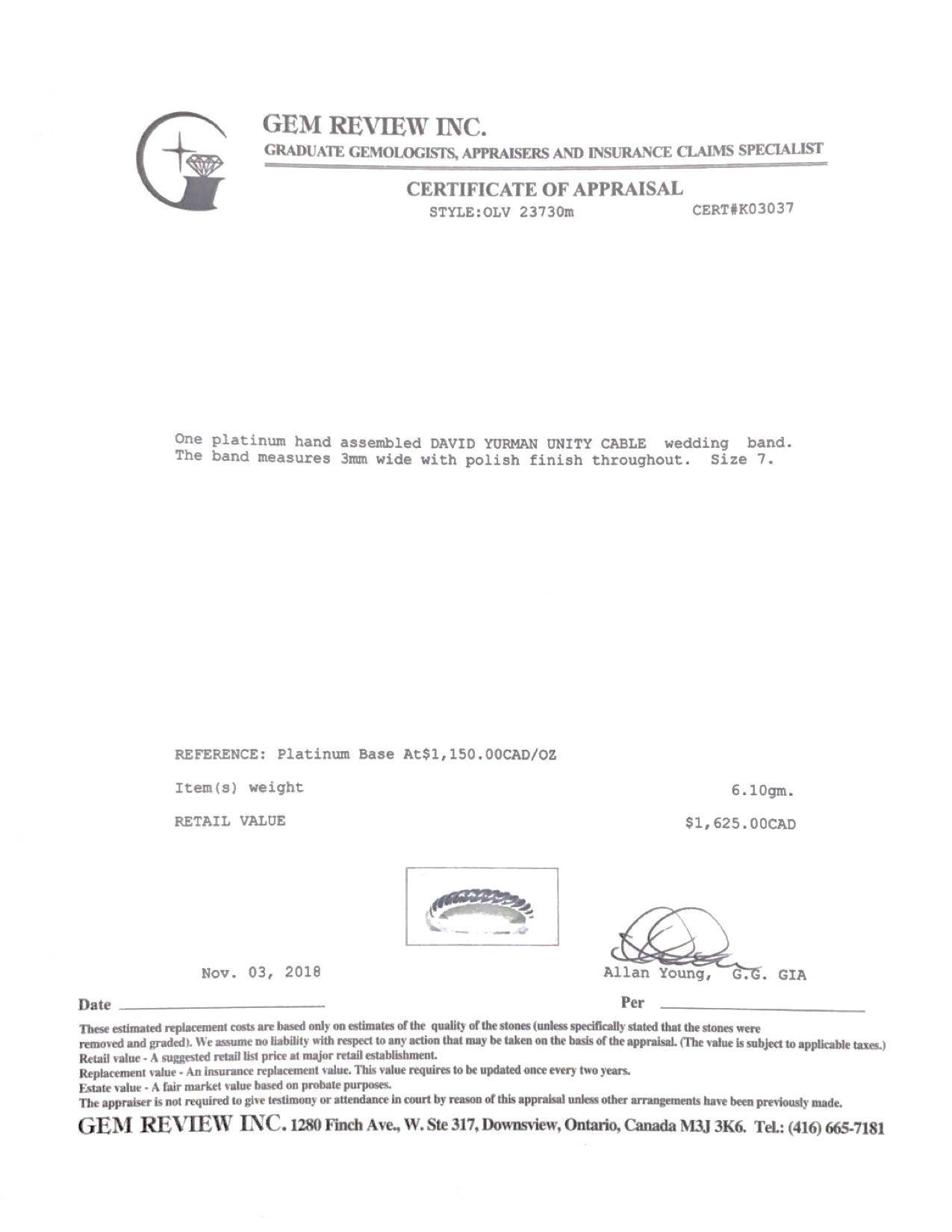 David Yurman Platinum Unity Cable Wedding Band Ring