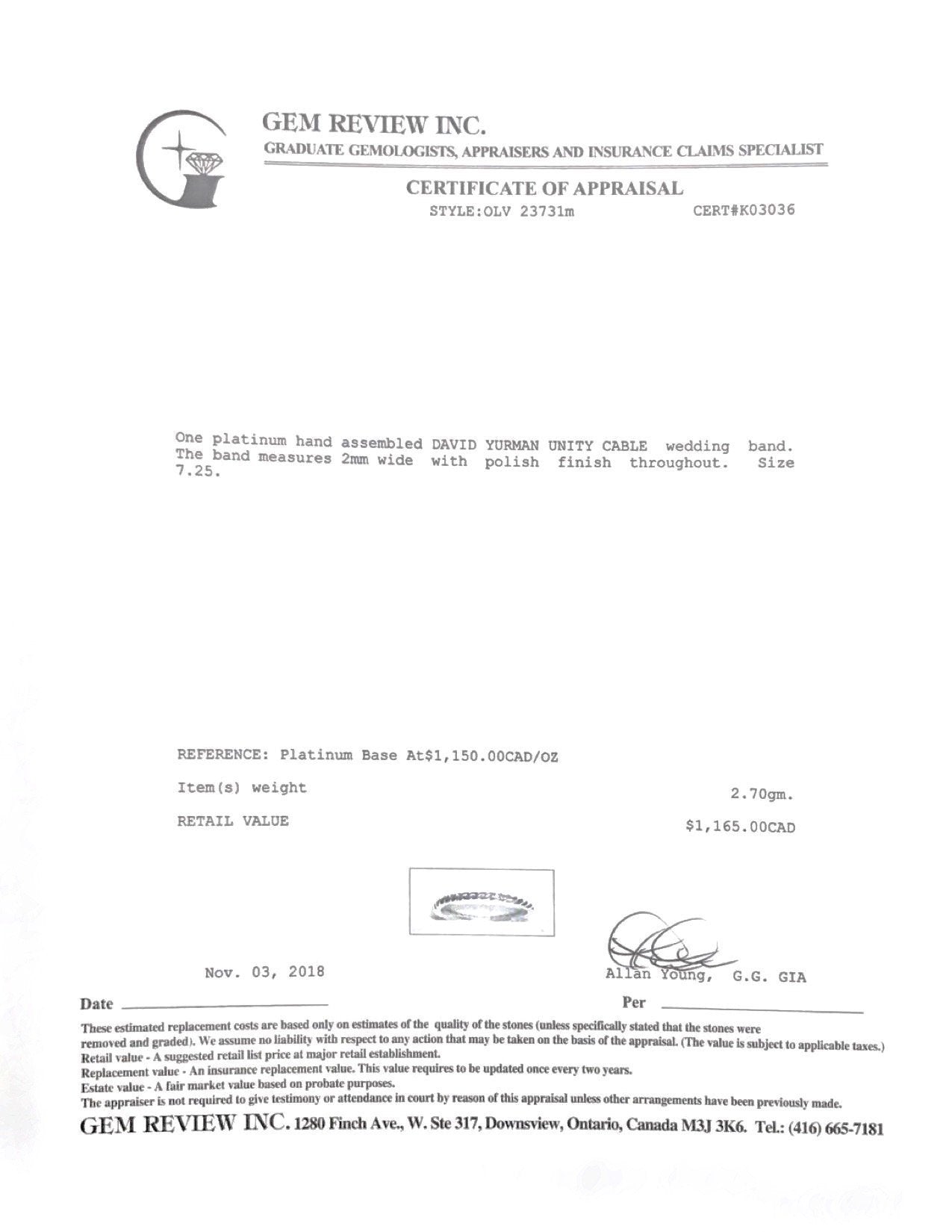 David Yurman Platinum Unity Cable Wedding Band Ring