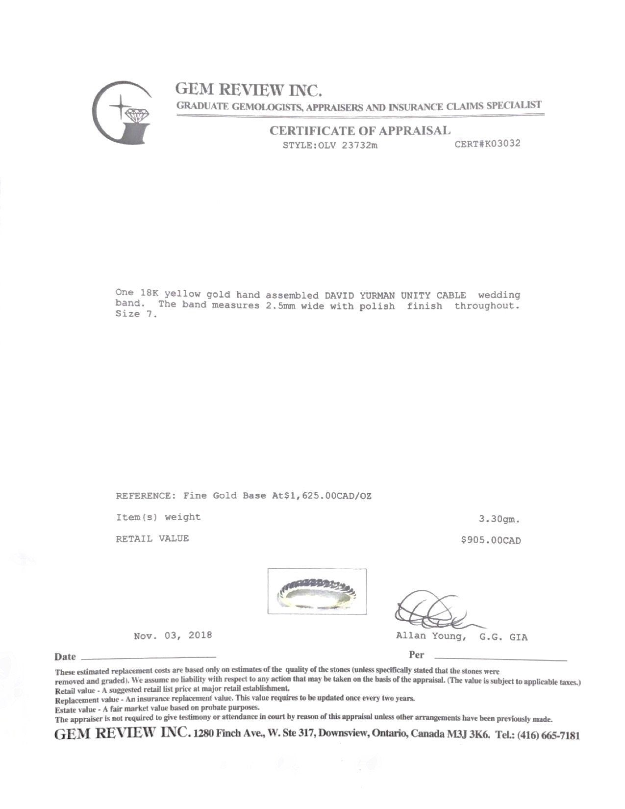 David Yurman Gold Unity Cable Wedding Band Ring