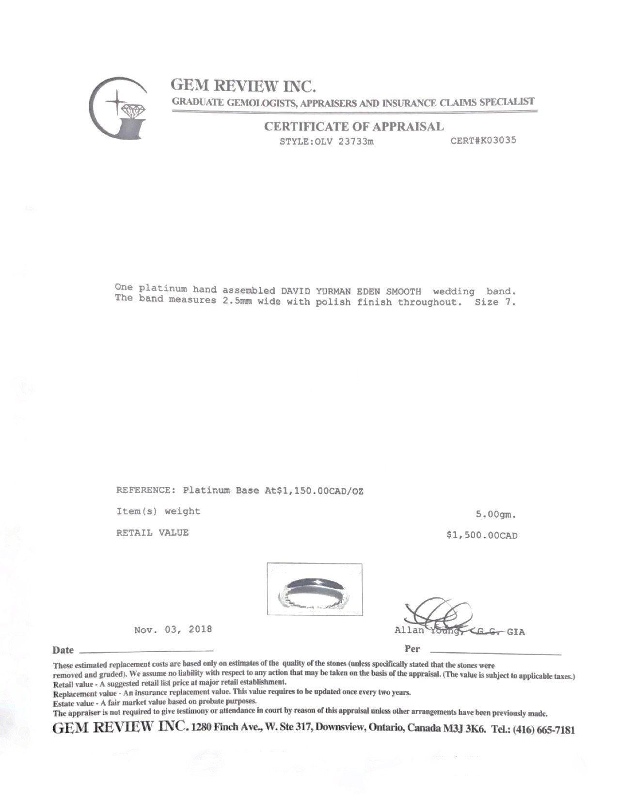 David Yurman Platinum DY Eden Smooth Wedding Band