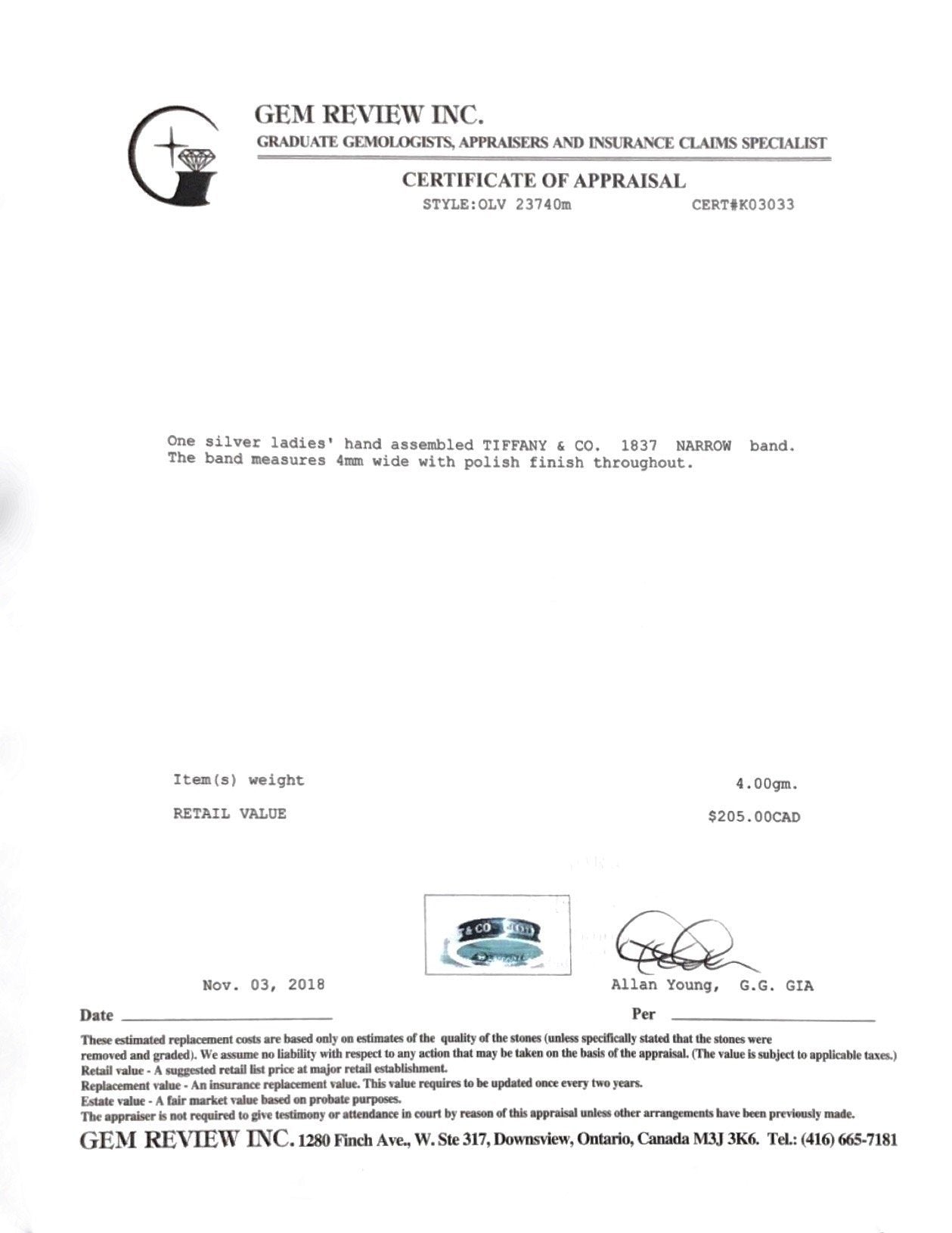 Tiffany & Co. 1837 Narrow Ring