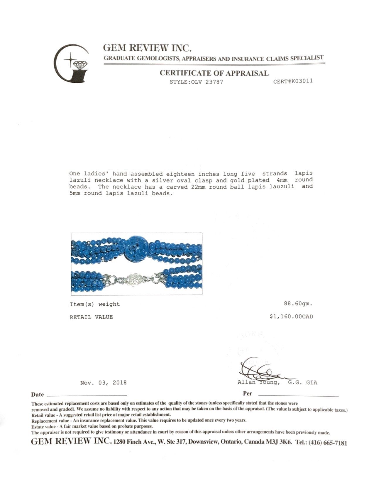 Five Strand Lapis Lazuli Bead Necklace