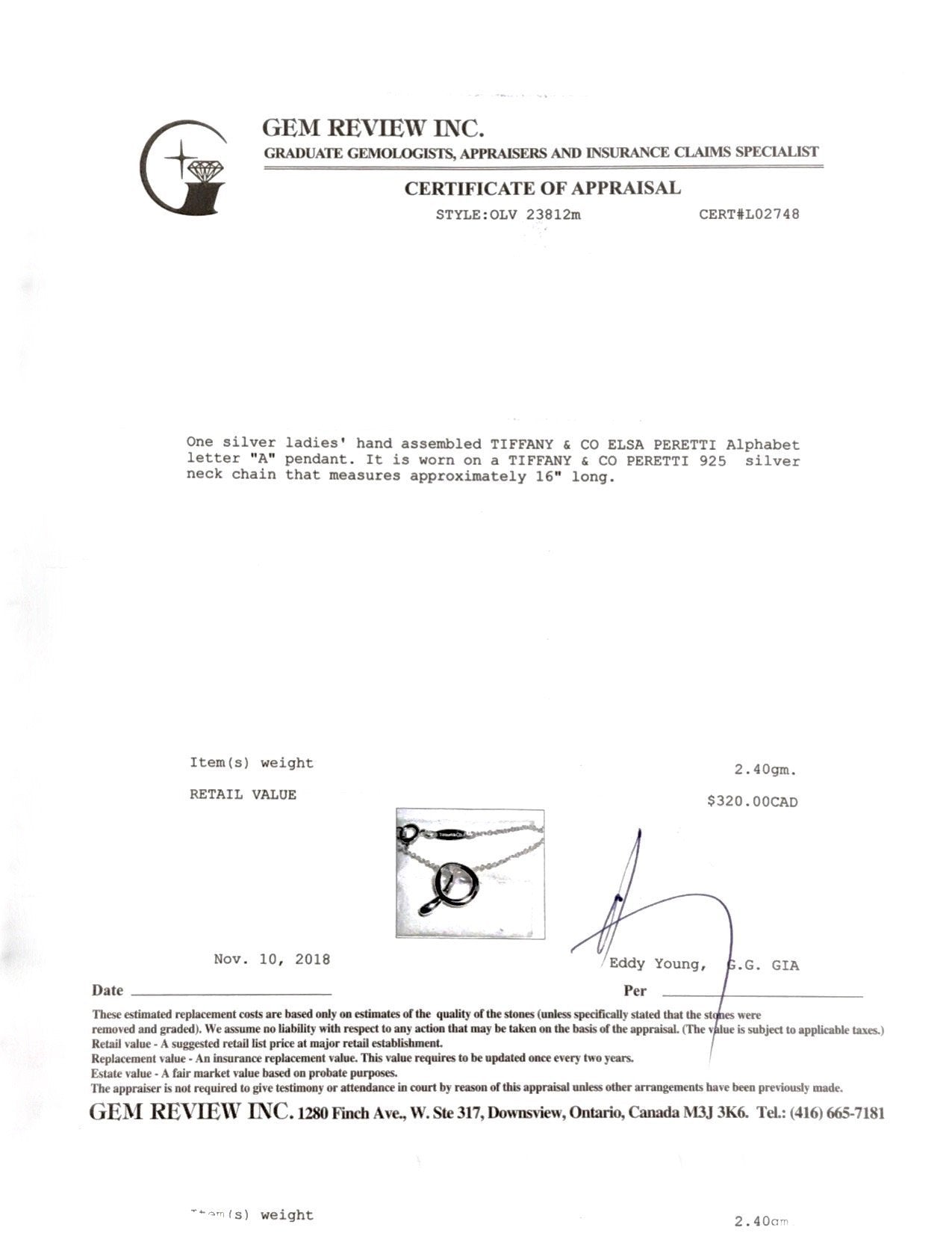 Tiffany & Co. Elsa Peretti Alphabet Letter "A" Pendant Necklace