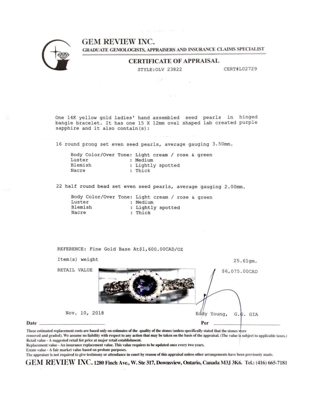 Antique Synthetic Purple Sapphire and Seed Pearl Bangle Bracelet