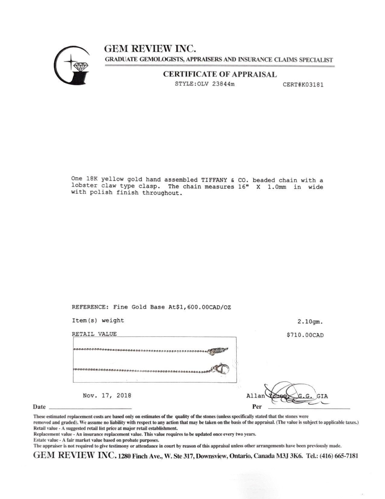 Tiffany & Co. Gold Small Beaded Chain