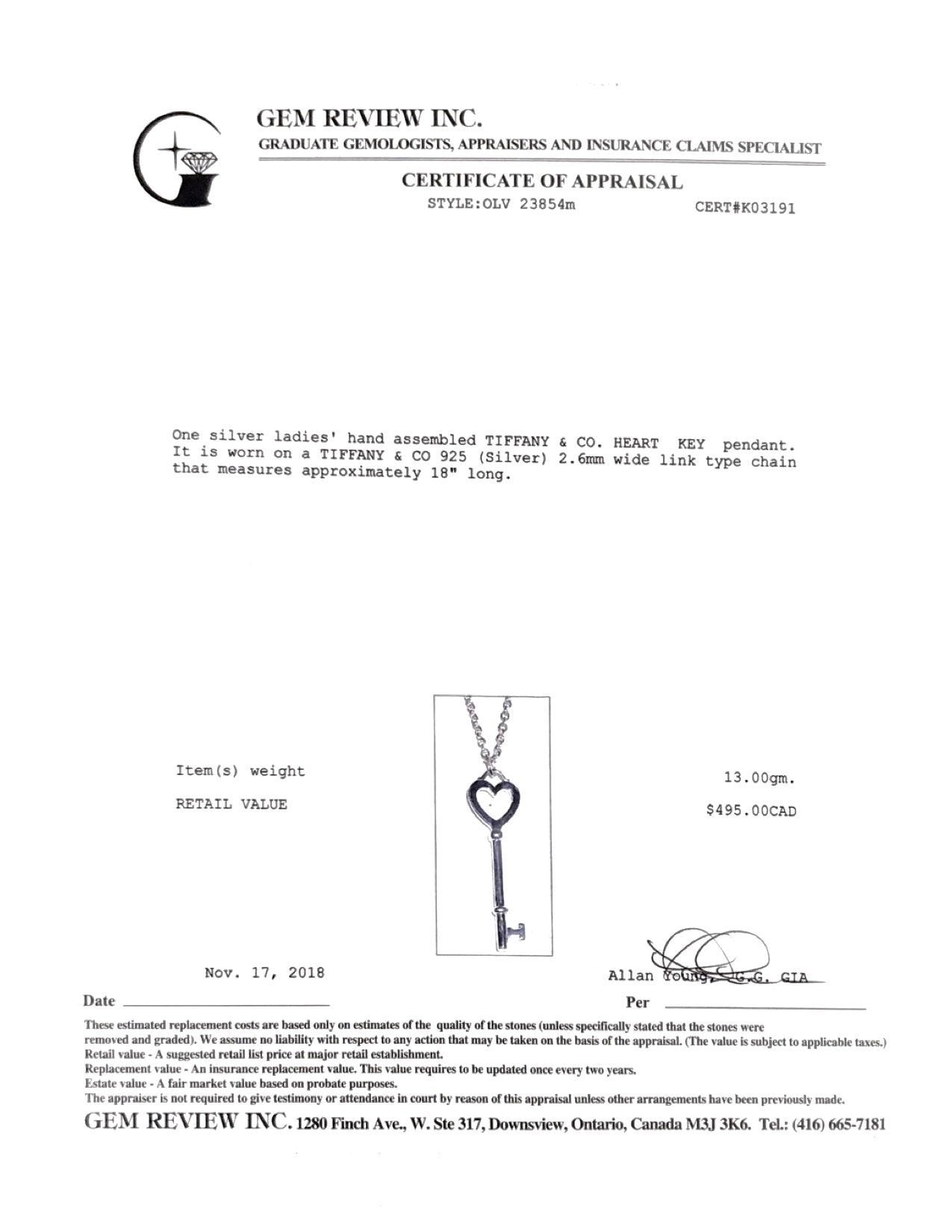 Tiffany & Co. Heart Key Pendant Necklace