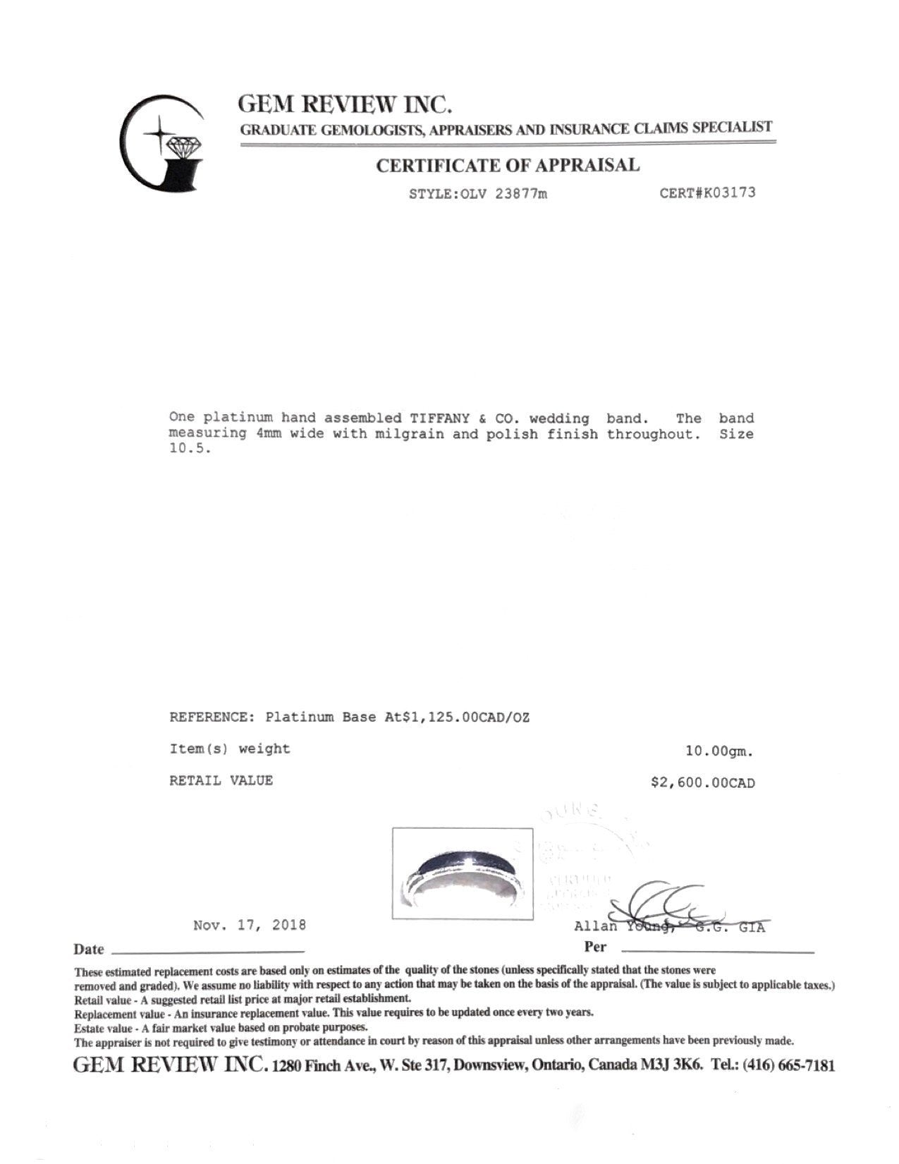 Tiffany & Co. Platinum Classic Milgrain Wedding Band Ring