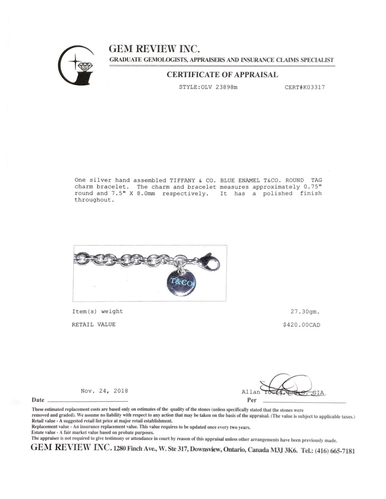 Tiffany & Co. "T & Co" Round Tag Charm Bracelet with Blue Enamel