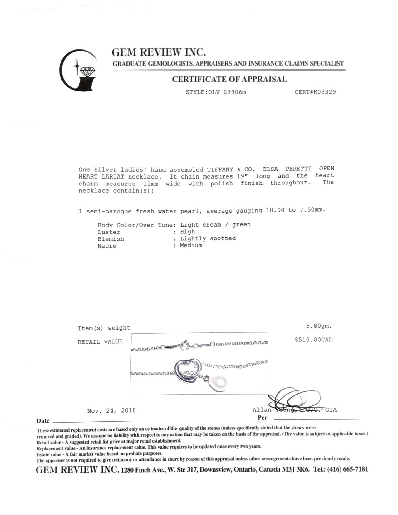 Tiffany & Co. Elsa Peretti Open Heart Pearl Lariat