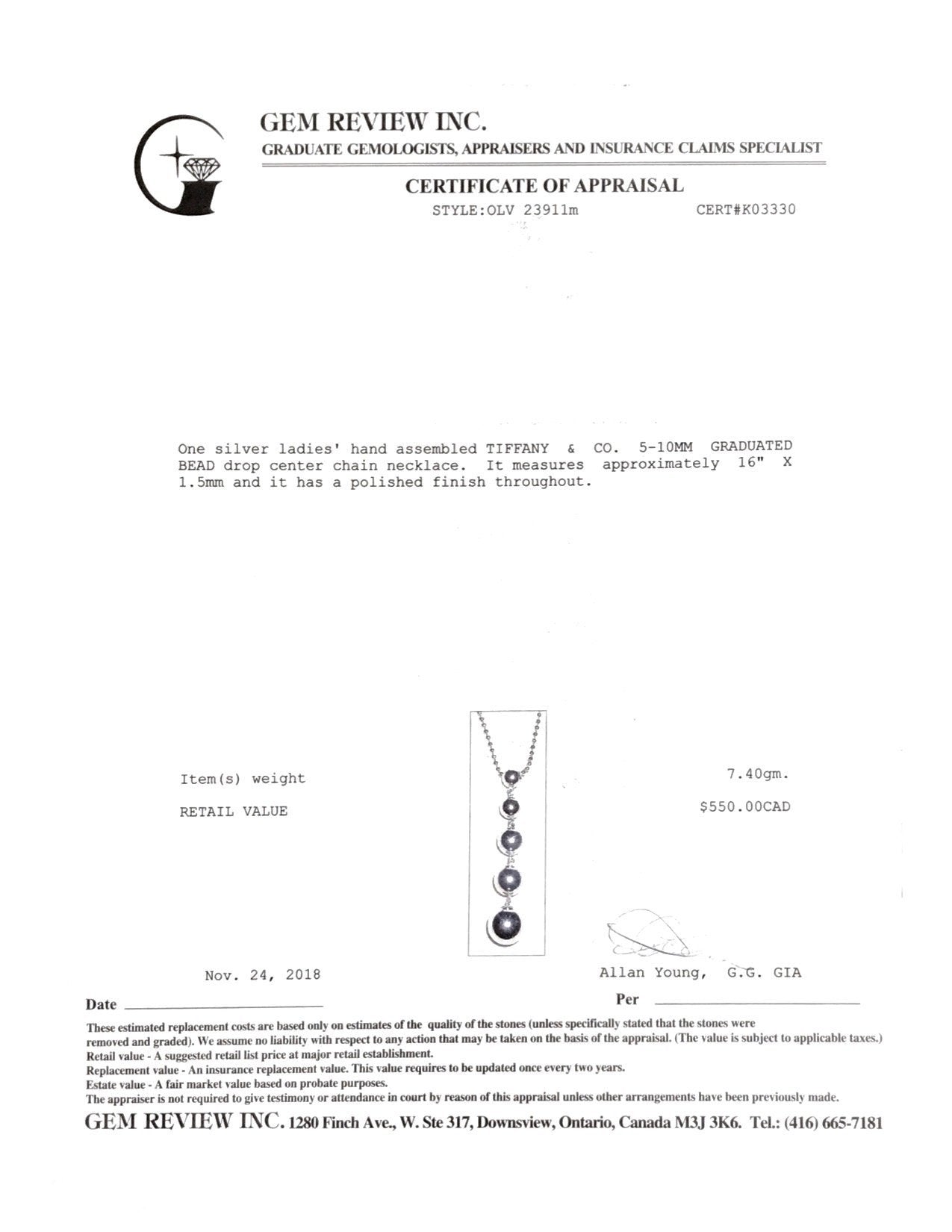 Tiffany & Co. Graduated Bead Drop Pendant Necklace