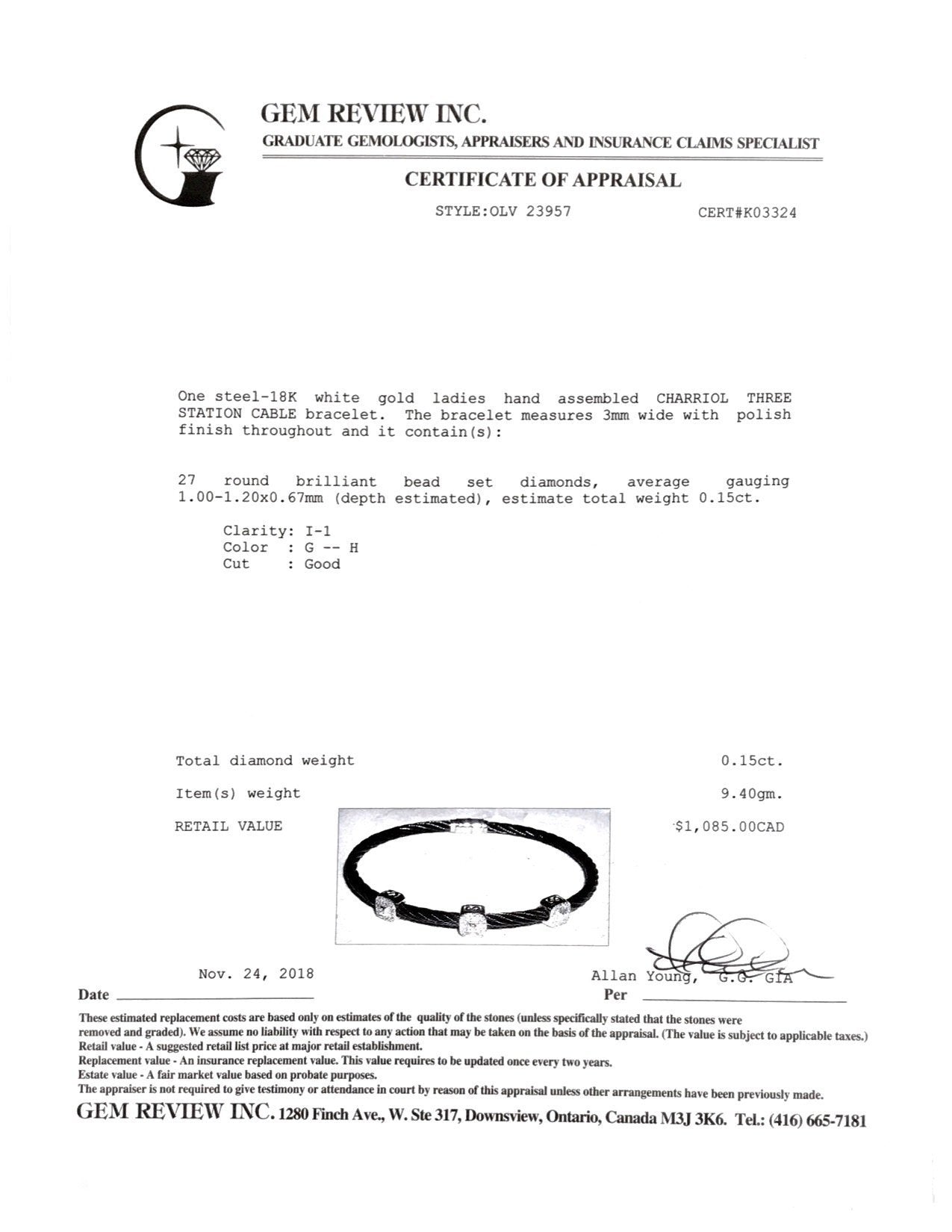 Charriol Diamond Three Station Cable Bracelet