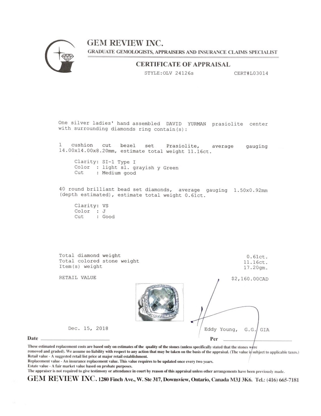 David Yurman Albion Ring with Prasiolite and Diamonds