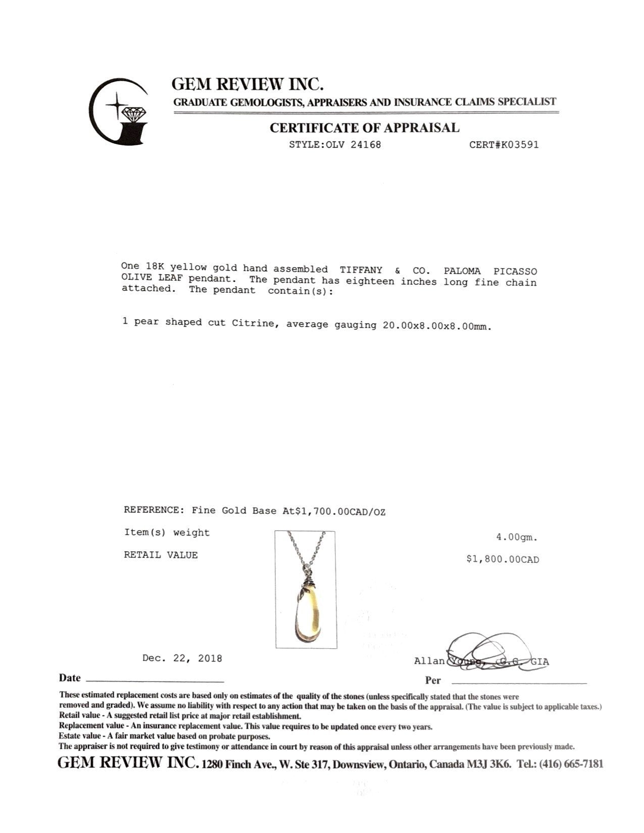 Tiffany & Co. Paloma Picasso Olive Leaf Citrine Drop Pendant Necklace