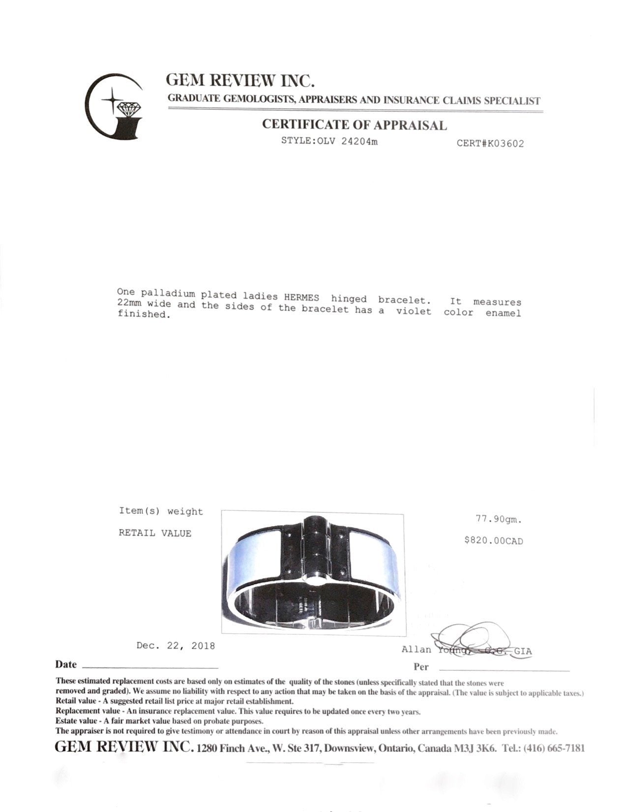 Hermes Violet Enamel Hinged Bracelet