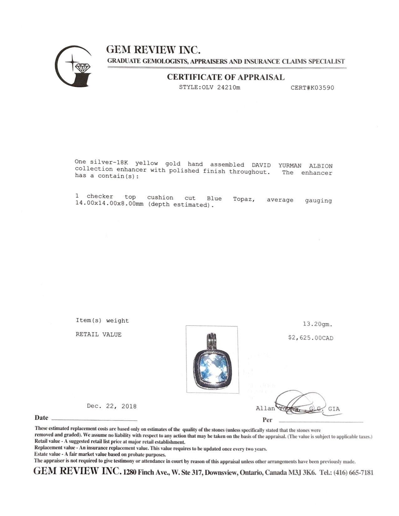 David Yurman Two-Tone Blue Topaz Albion Pendant