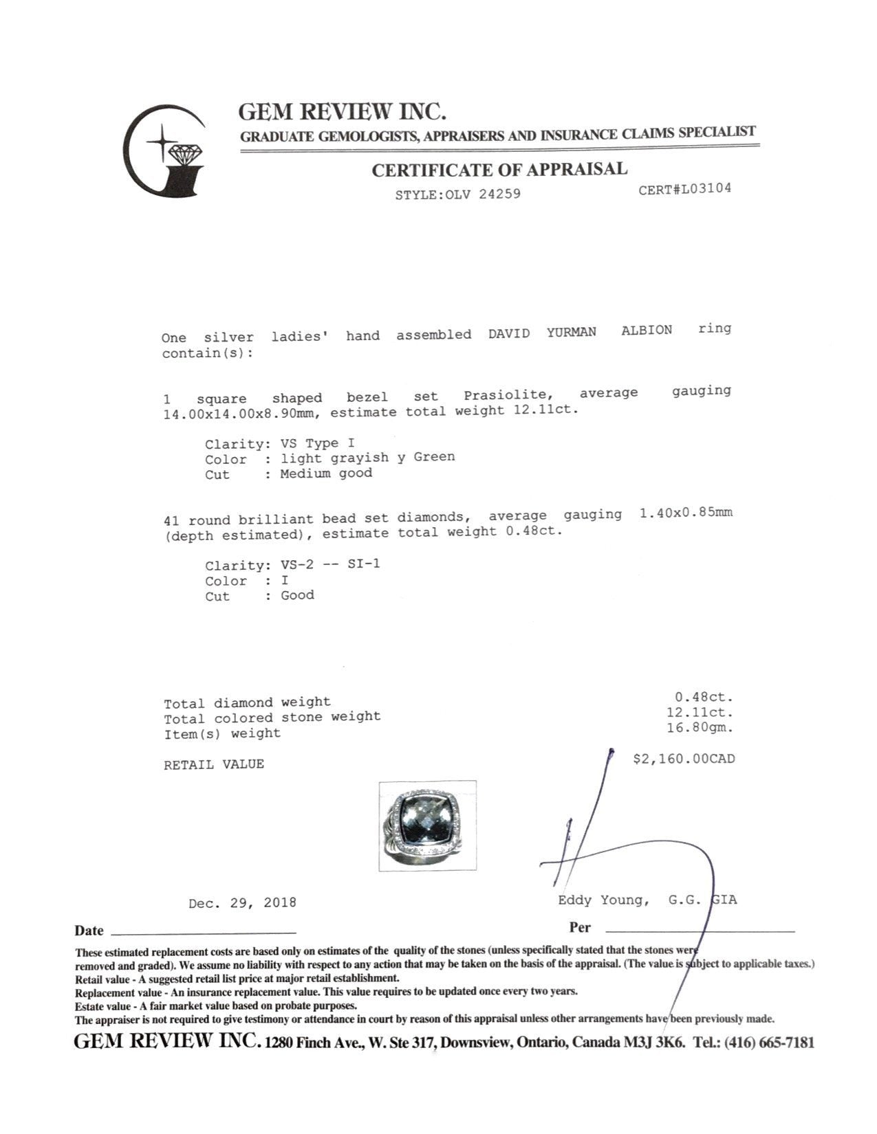 David Yurman Albion Ring with Prasiolite and Diamonds