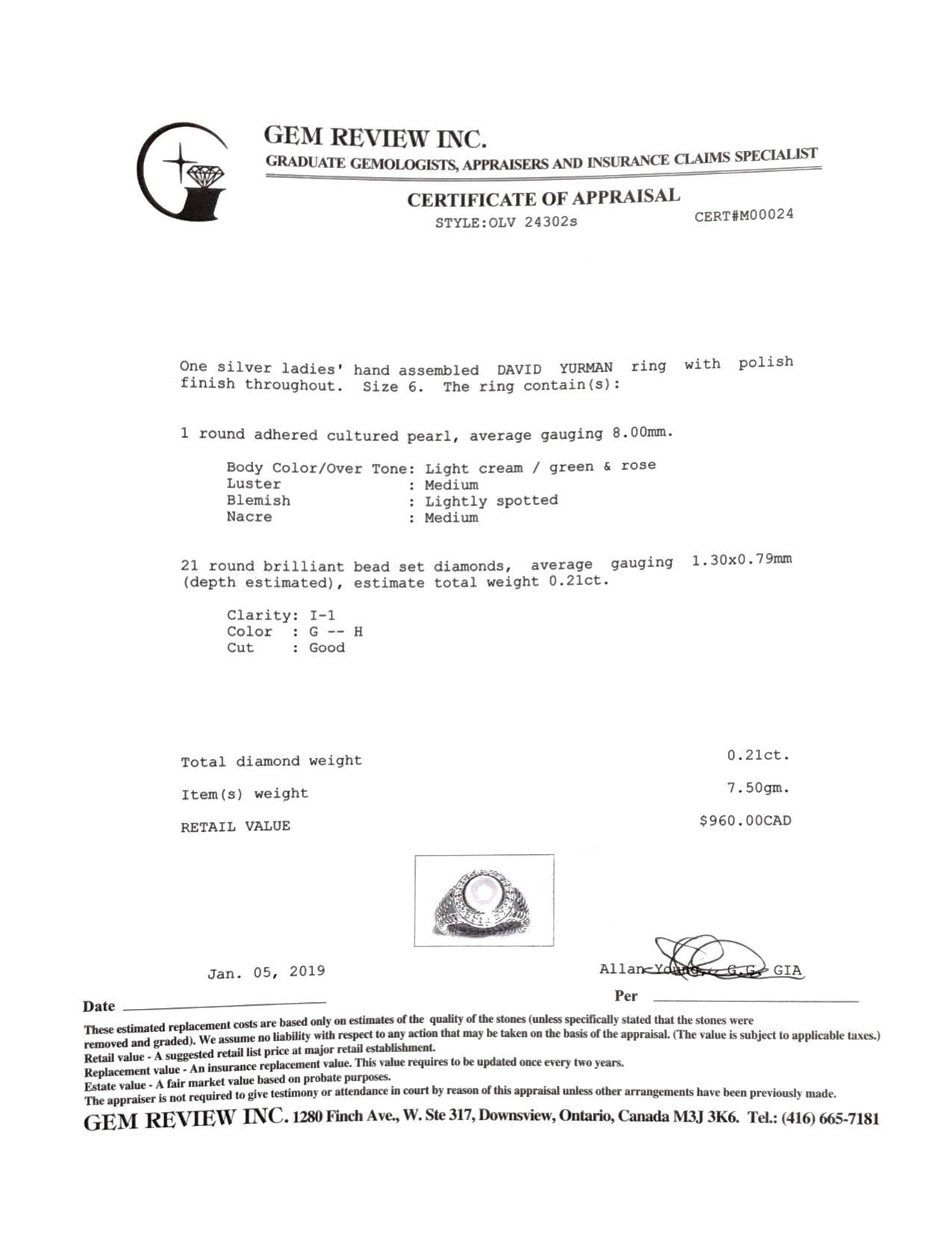 David Yurman Pearl Ring with Diamonds