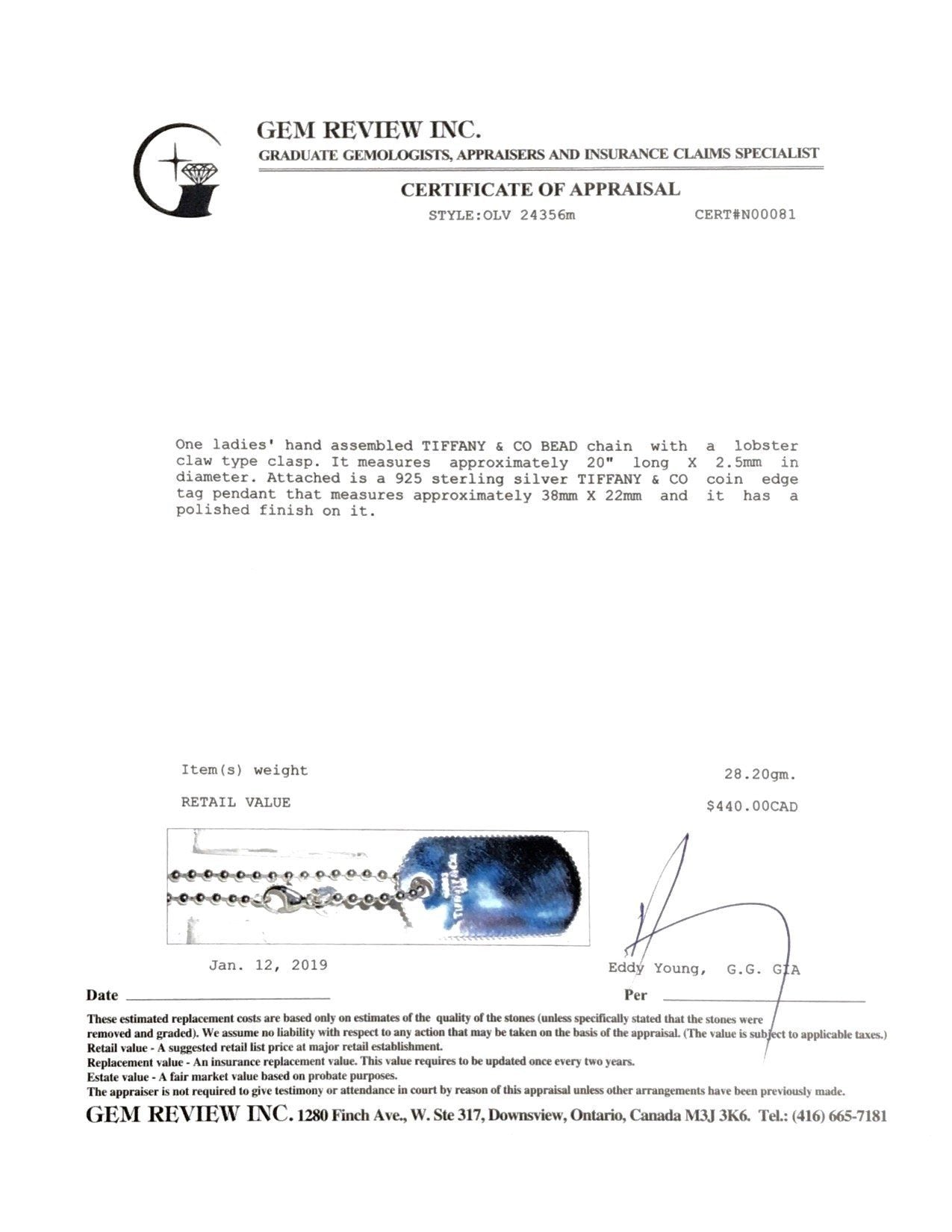 Tiffany & Co. Coin Edge Tag Pendant Necklace