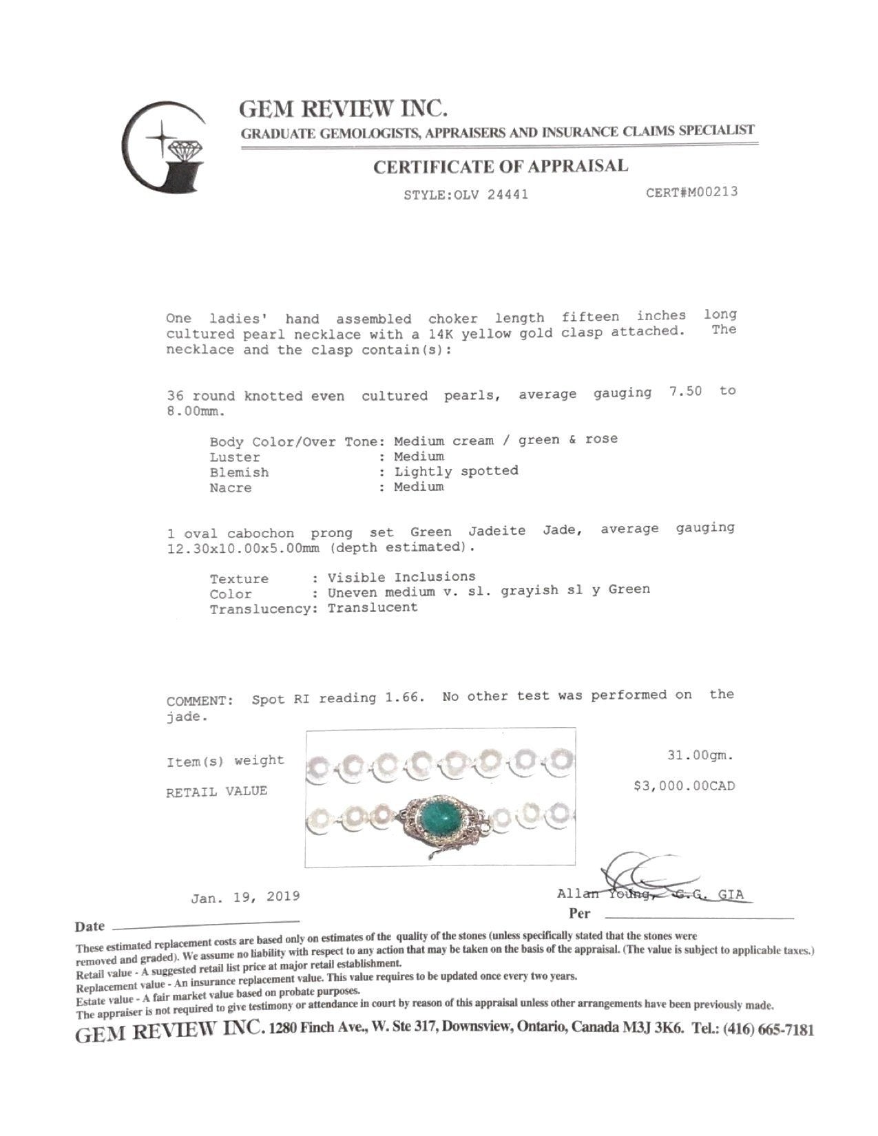 Pearl Necklace with Jade Clasp