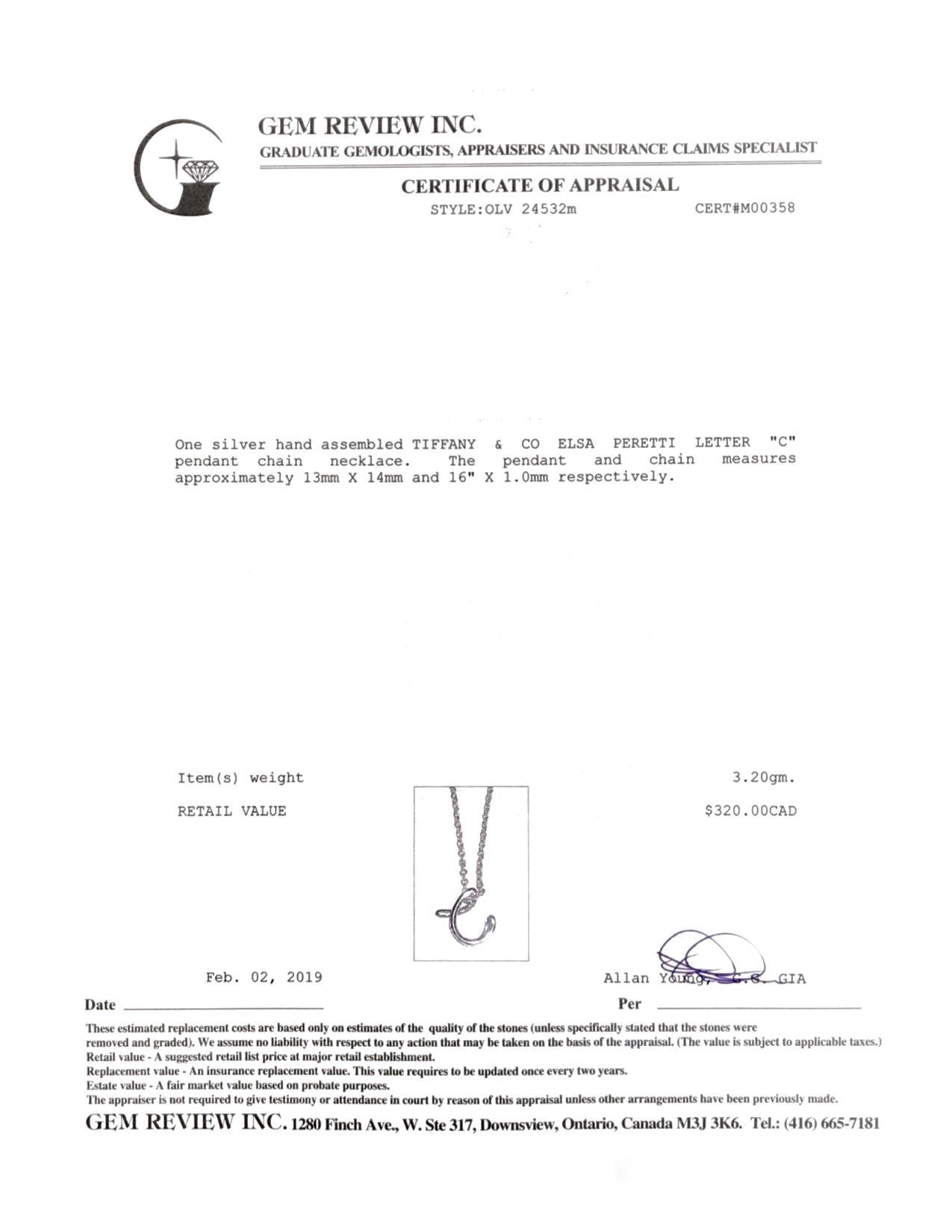 Tiffany & Co. Elsa Peretti Letter 'C' Pendant Necklace