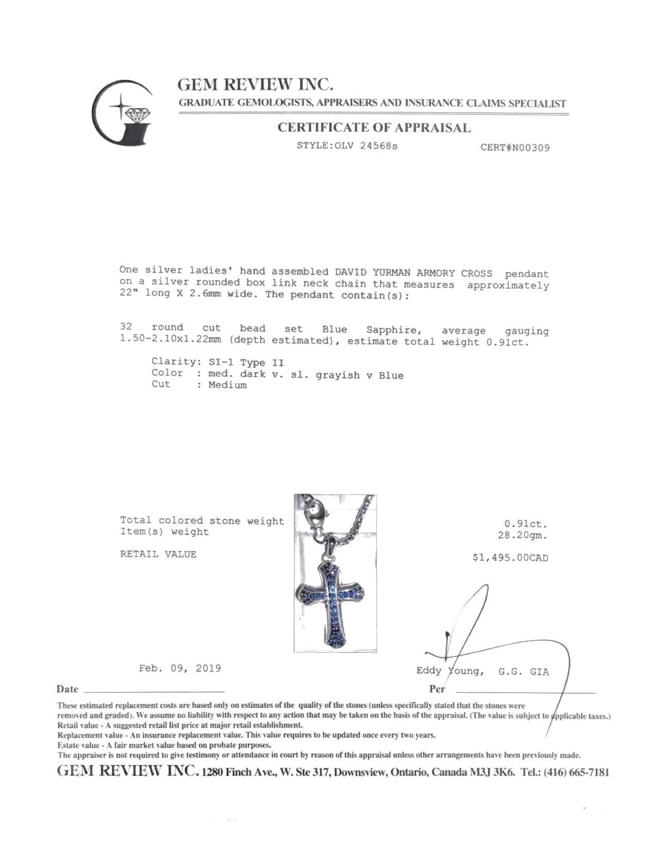 David Yurman Sapphire Armory Cross Pendant Necklace