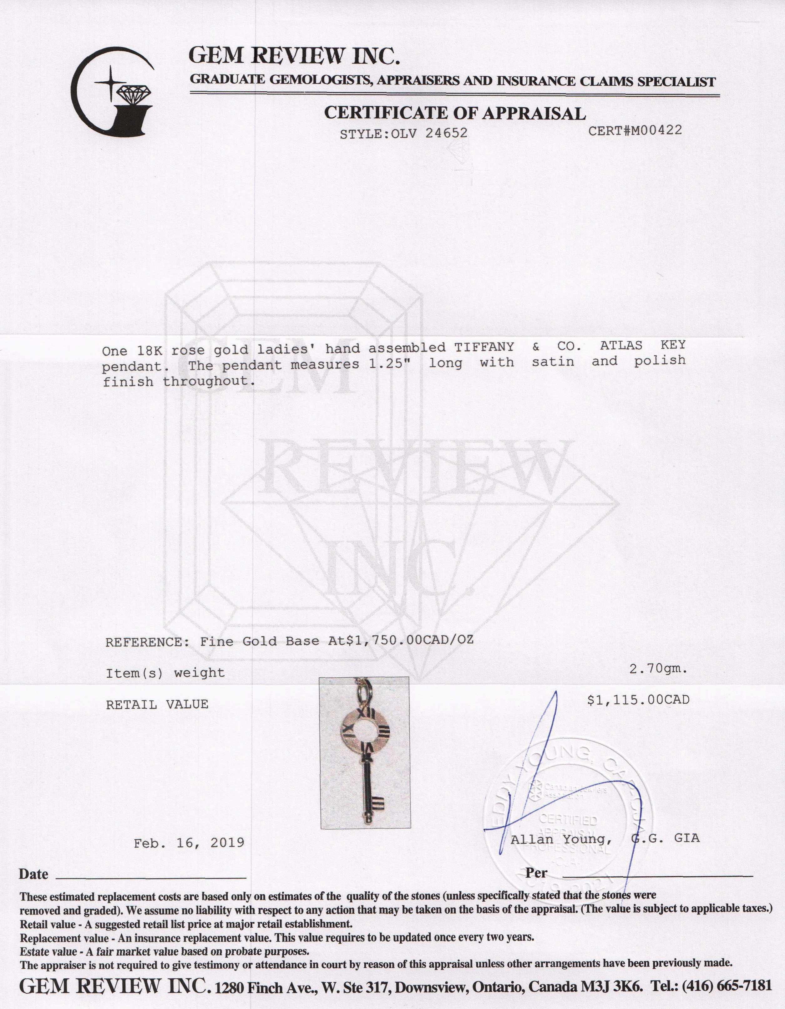 Tiffany & Co. Rose Gold Atlas Key Pendant