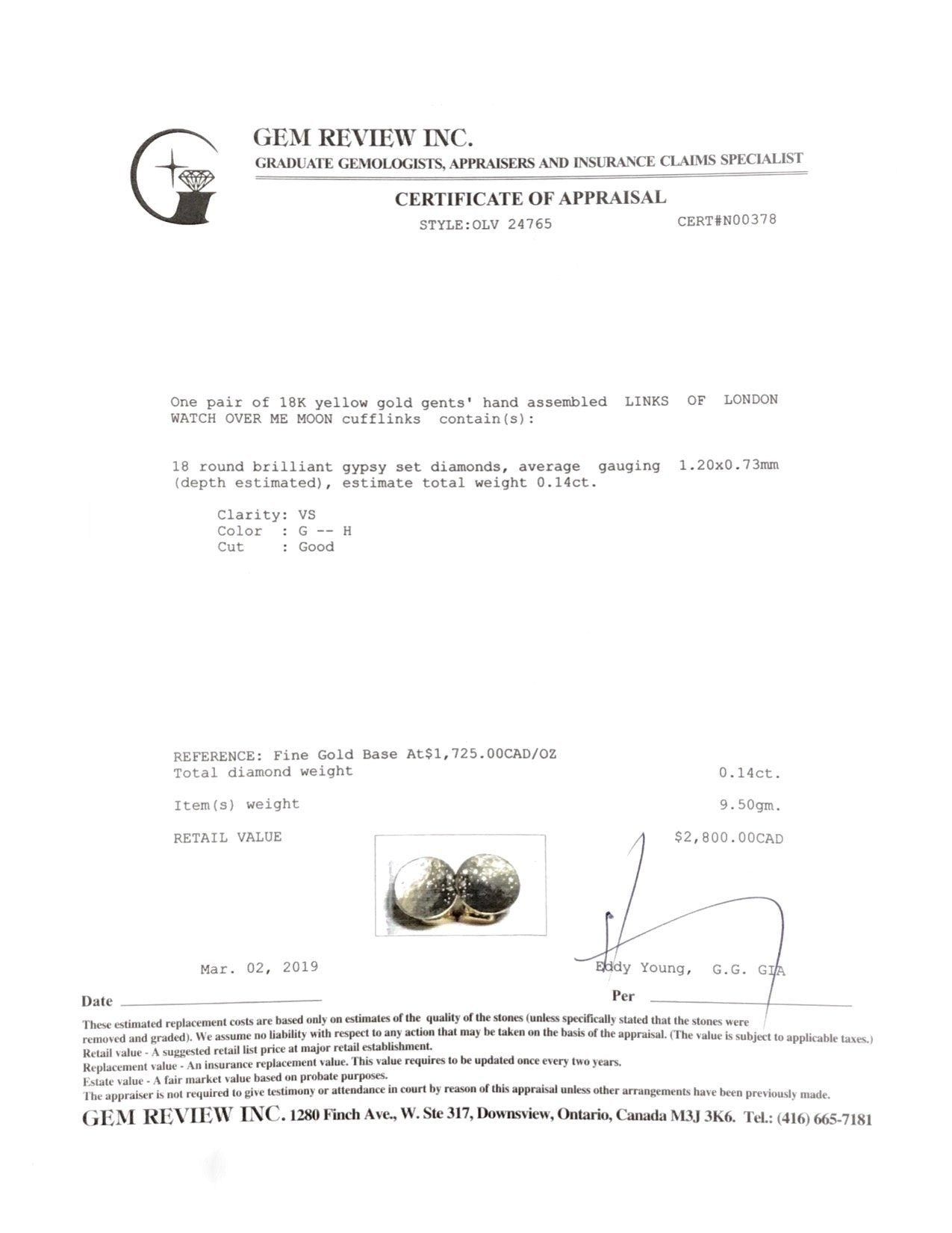 Links of London Gold Watch Over Me Moon Cufflinks with Diamonds