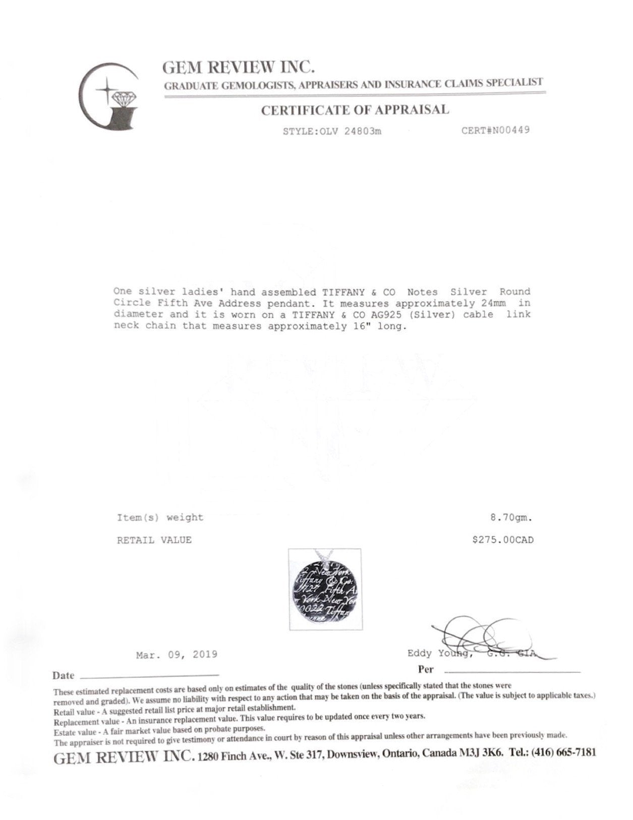 Tiffany & Co. Notes Round Pendant Necklace