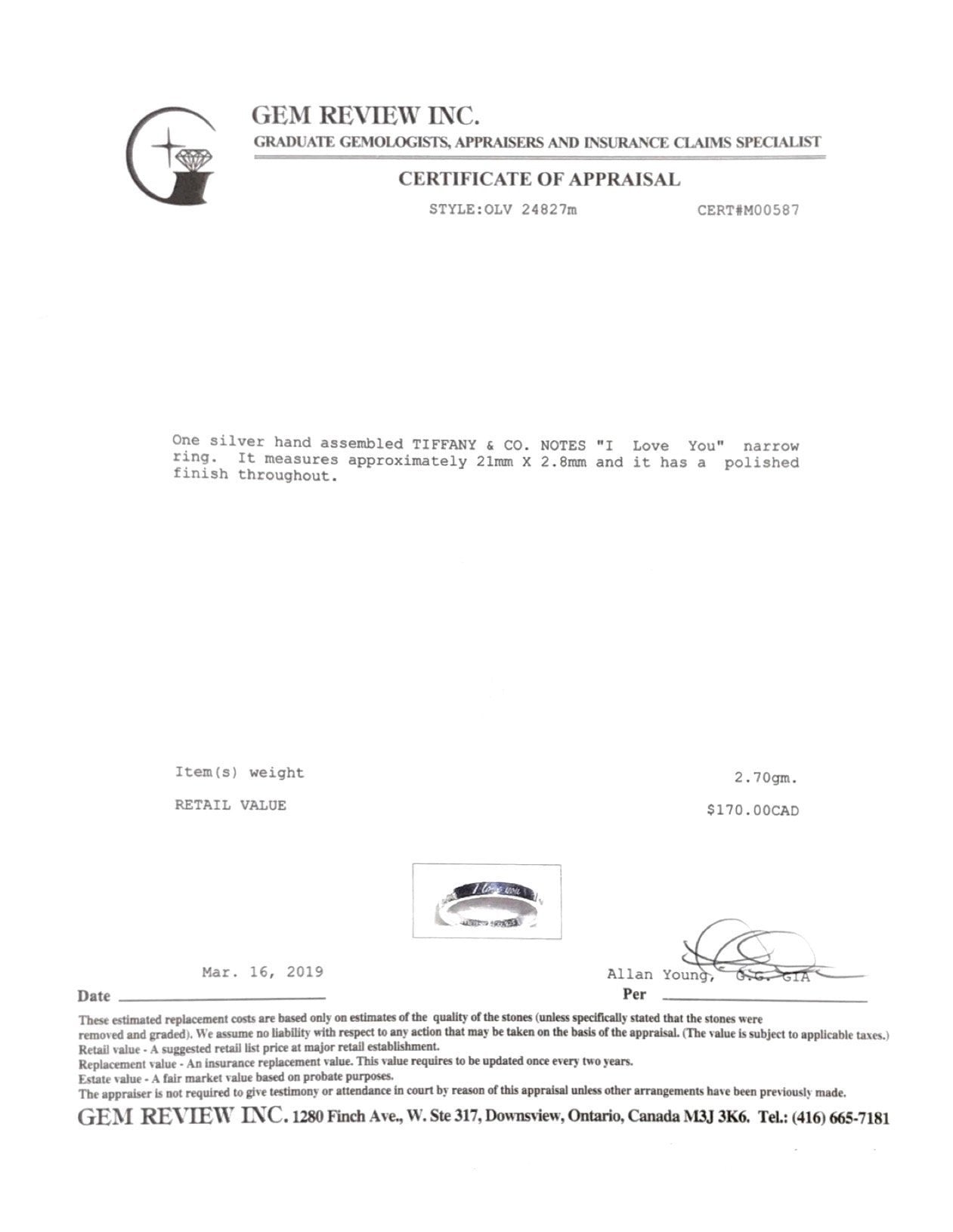 Tiffany & Co. Notes "I Love You" Ring