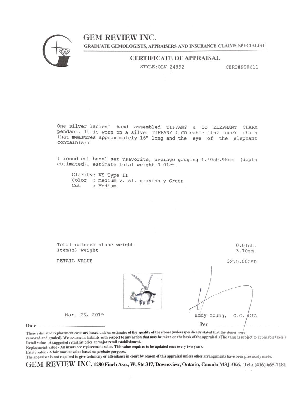 Tiffany & Co. Tsavorite Elephant Charm Necklace