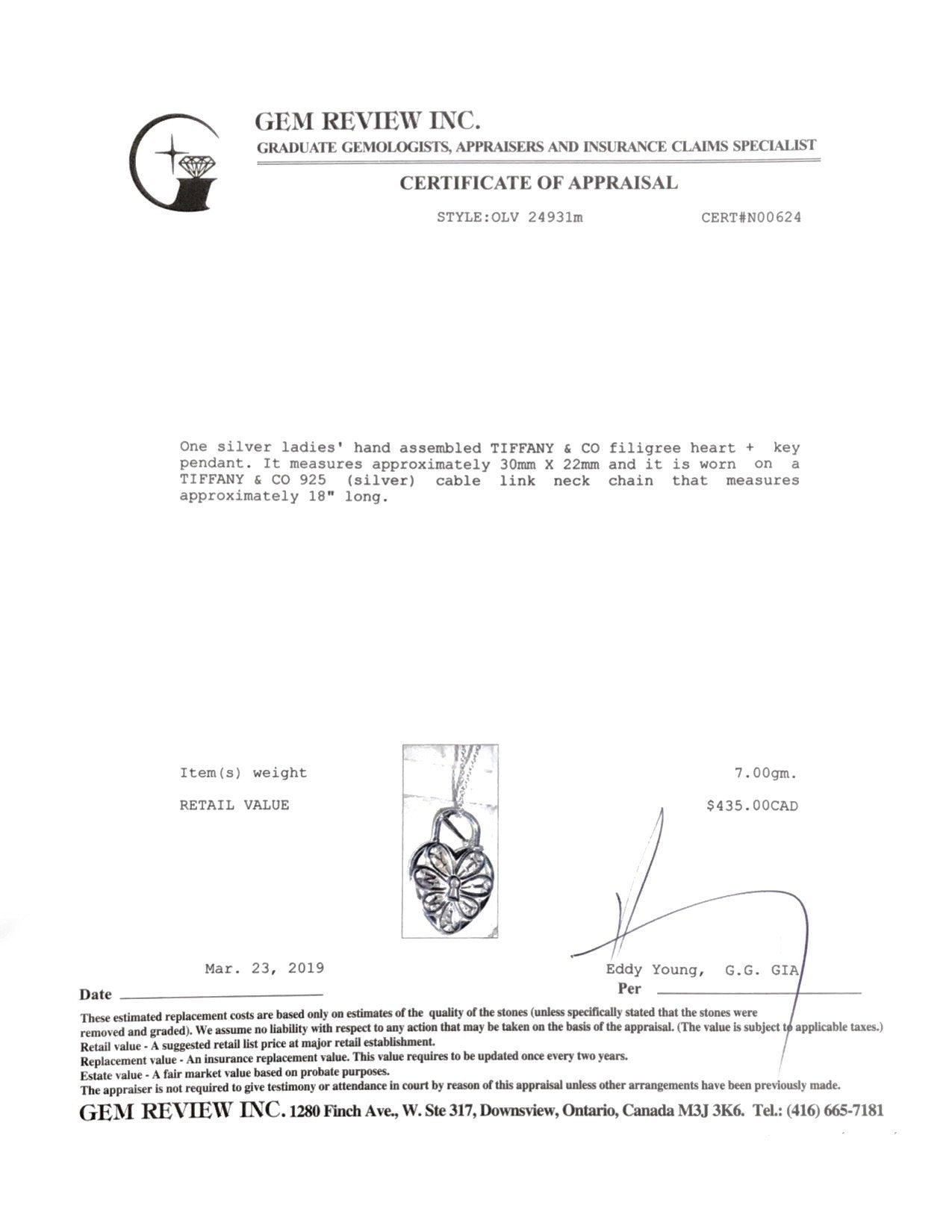 Tiffany & Co. Filigree Heart Tag with Key Pendant Necklace