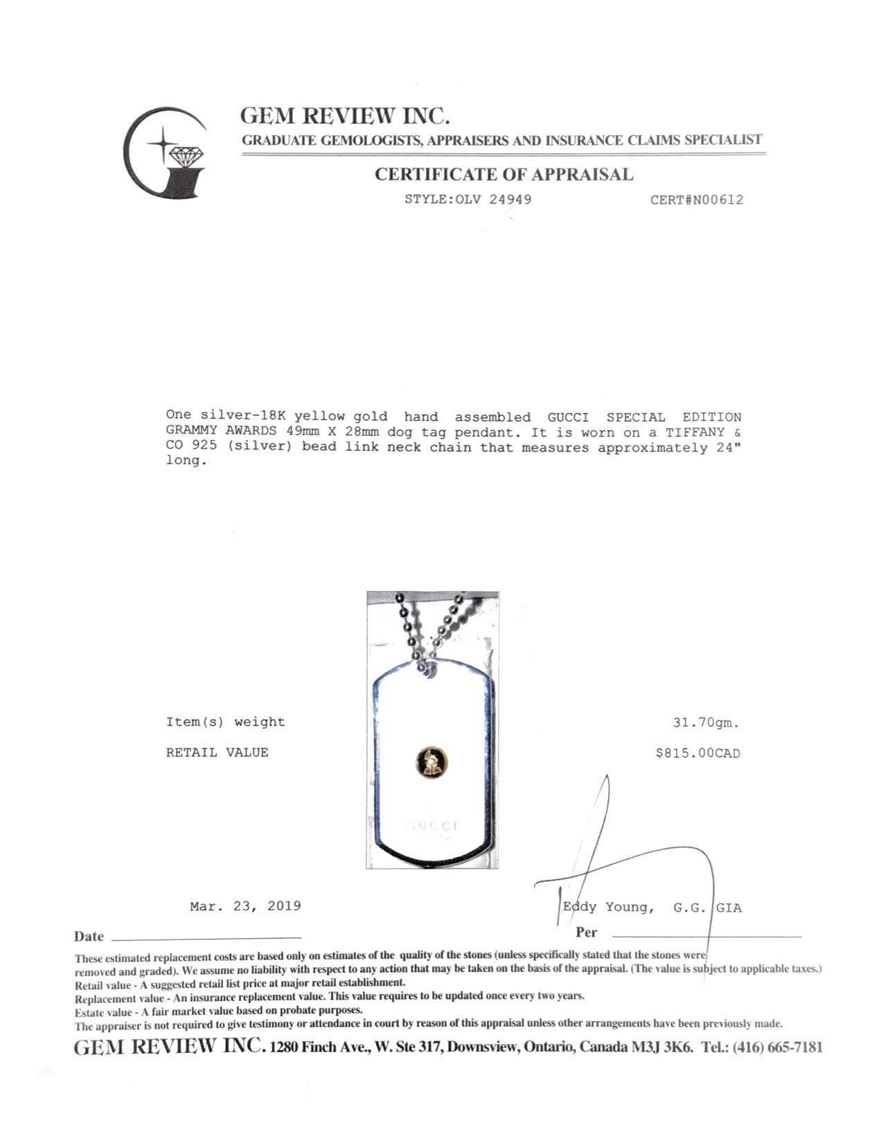 Gucci Special Edition Grammy Awards Dog Tag Pendant Necklace