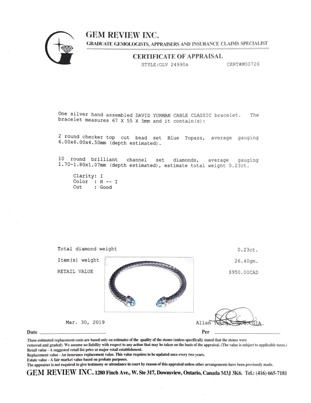 David Yurman 5 mm Cable Classics Bracelet with Blue Topaz & Diamonds