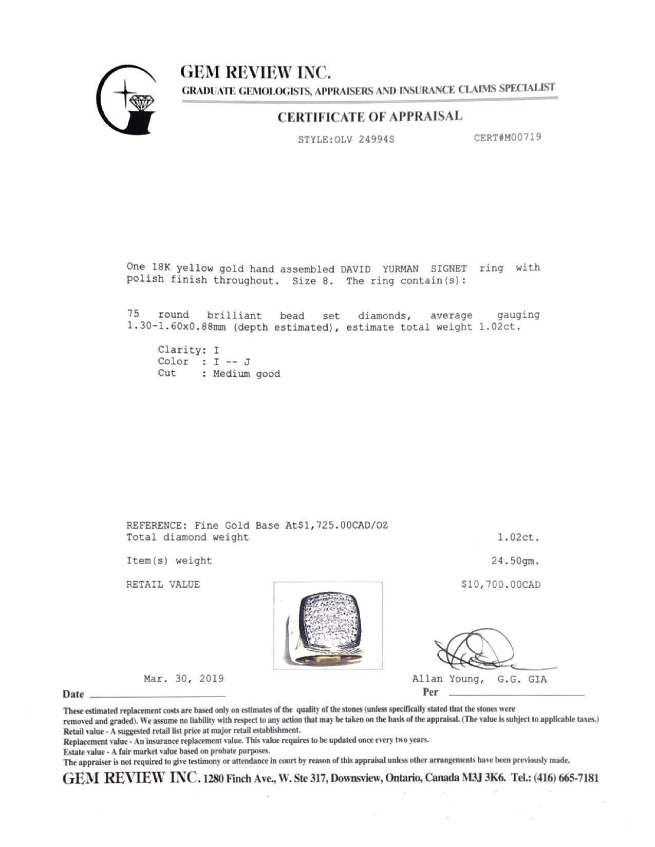 David Yurman 18k Gold Pave Diamond Signet Ring