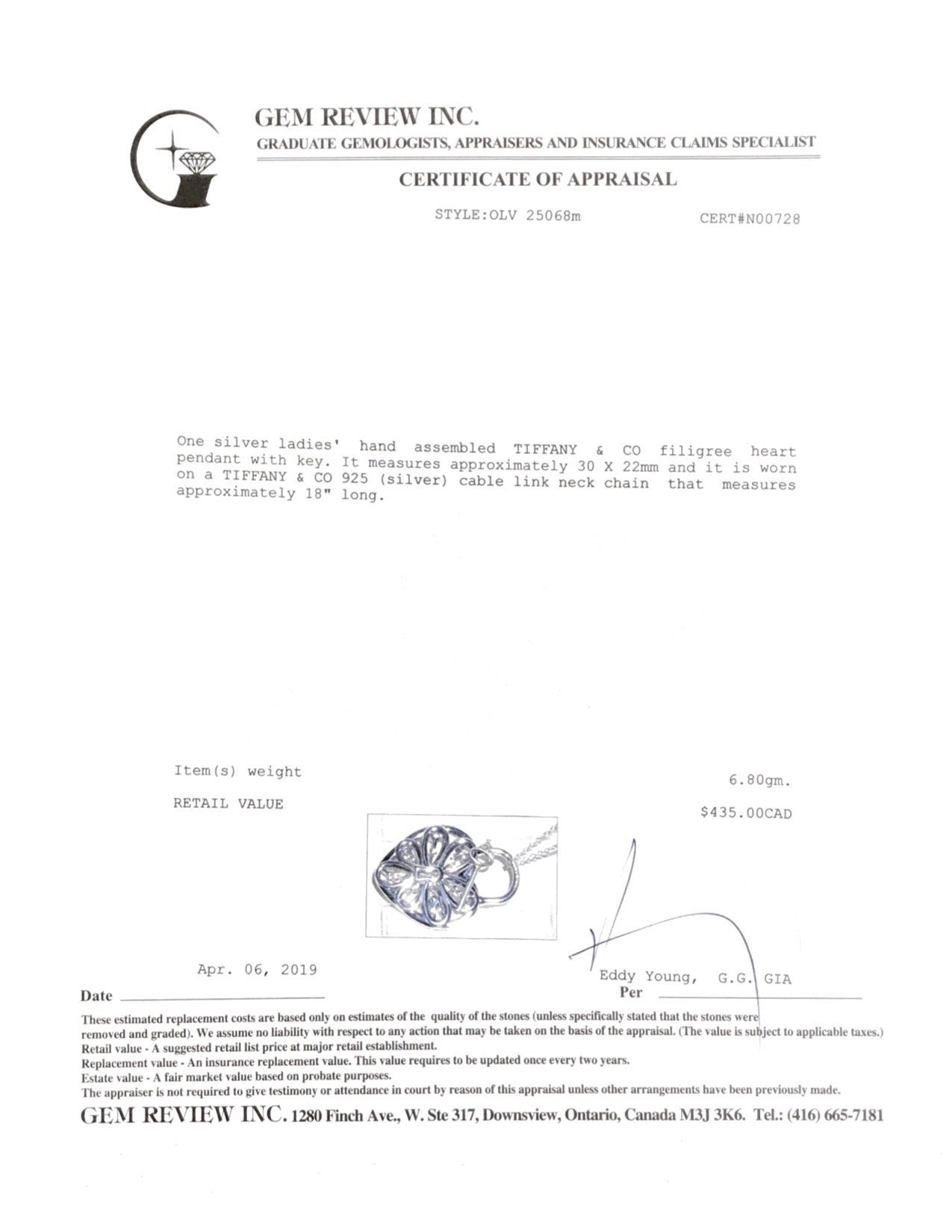 Tiffany & Co. Filigree Heart Tag with Key Pendant Necklace