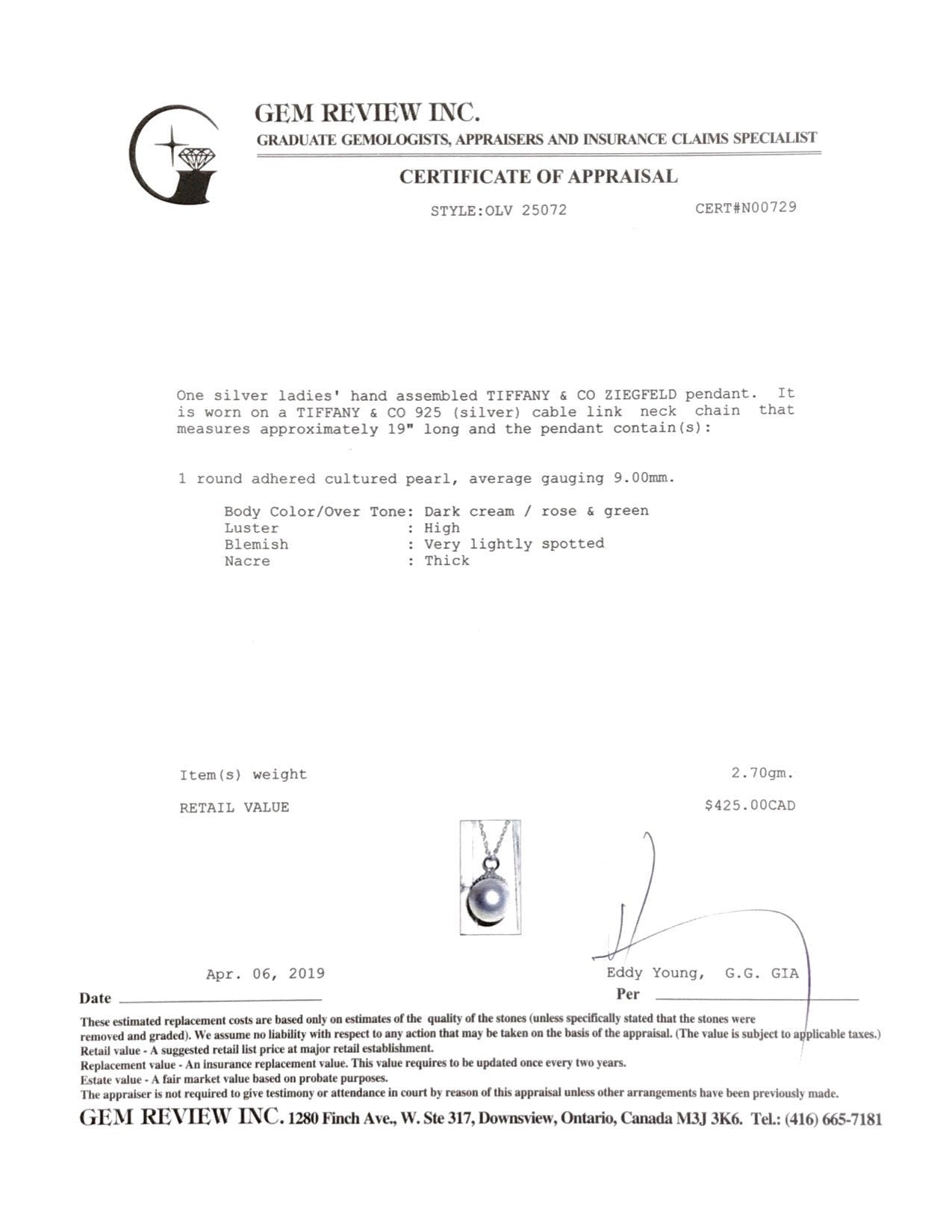 Tiffany & Co. Ziegfeld Pearl Pendant Necklace