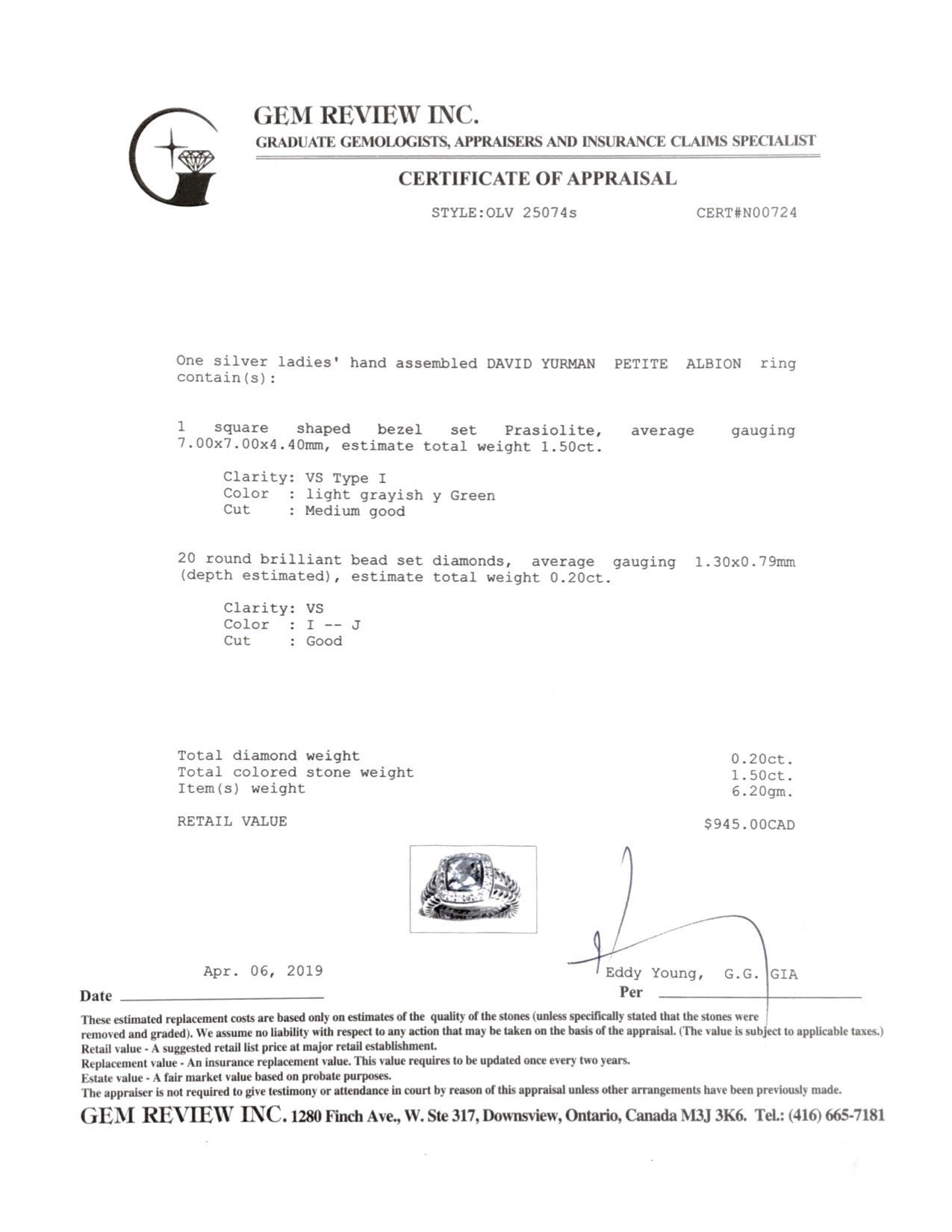 David Yurman Petite Albion Ring with Prasiolite and Diamonds