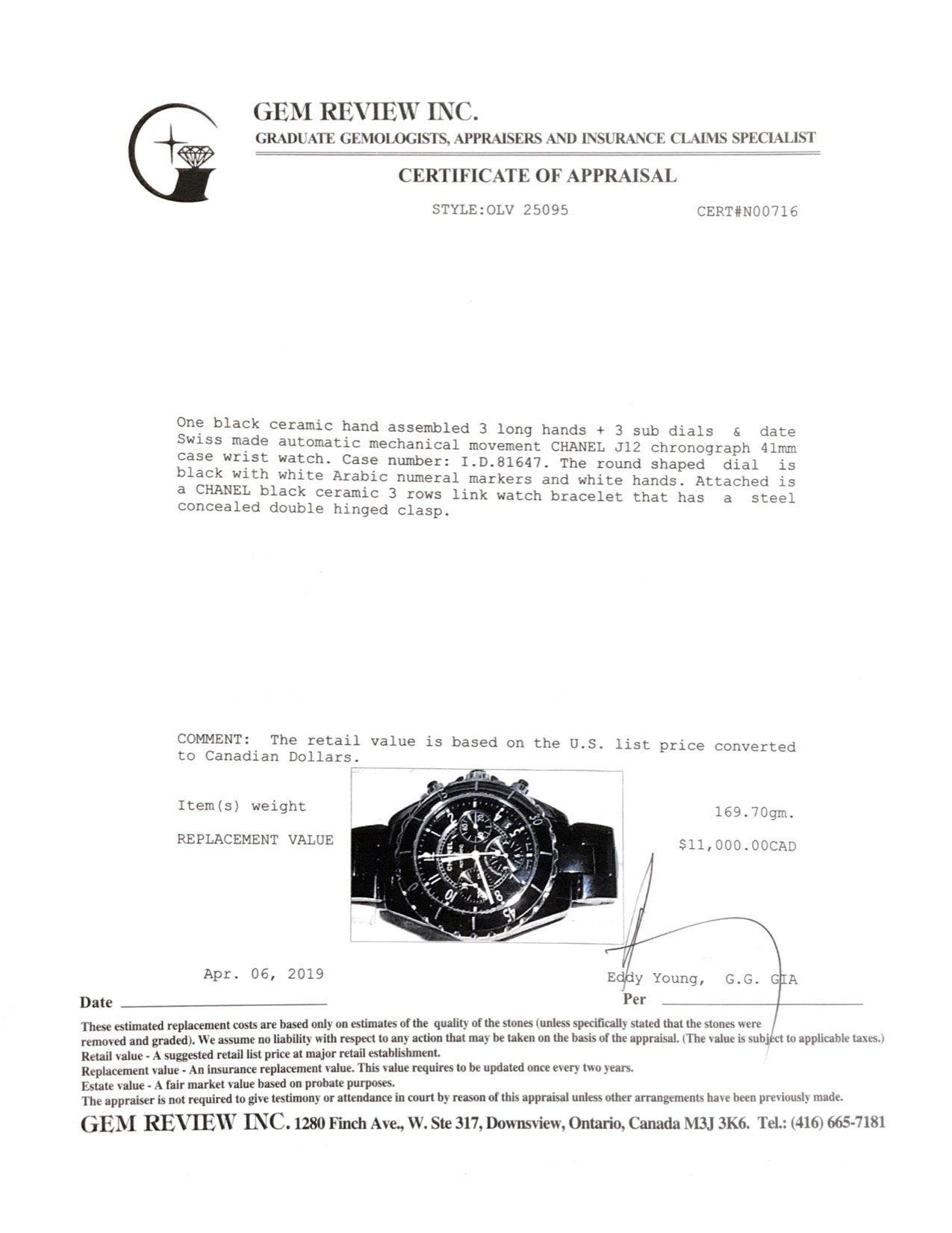 Chanel J12 Black Ceramic Chronograph Watch