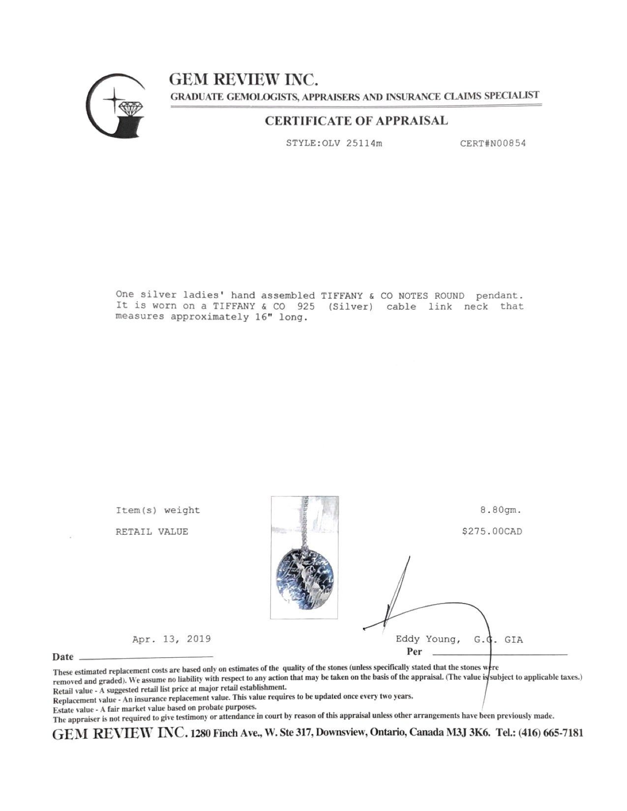 Tiffany & Co. Notes Round Pendant Necklace