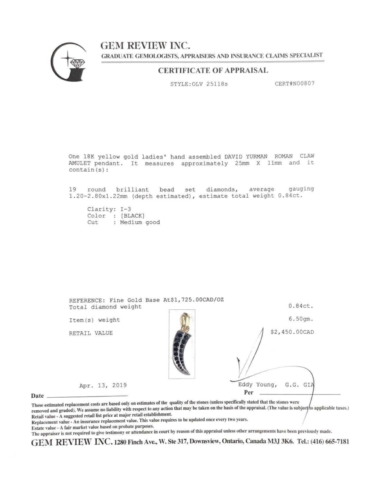 David Yurman 18k Gold Roman Claw Amulet Pendant with Black Diamonds