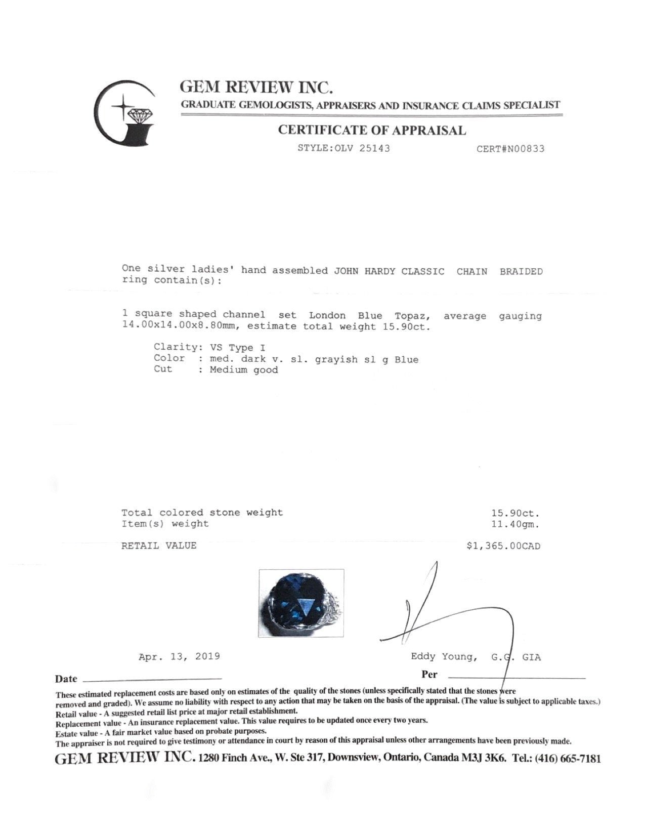 John Hardy Classic Chain Braided Ring with London Blue Topaz