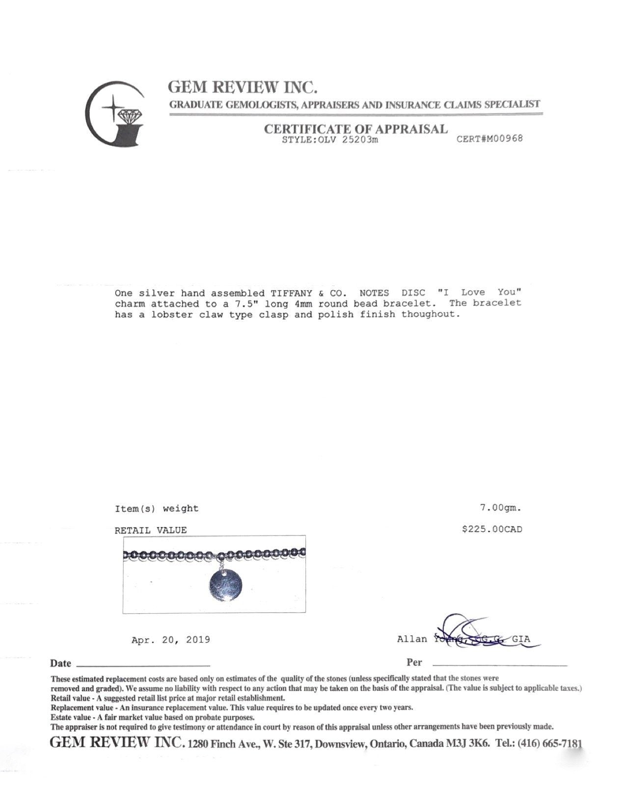 Tiffany & Co. "I Love You" Mini Round Tag Bead Bracelet